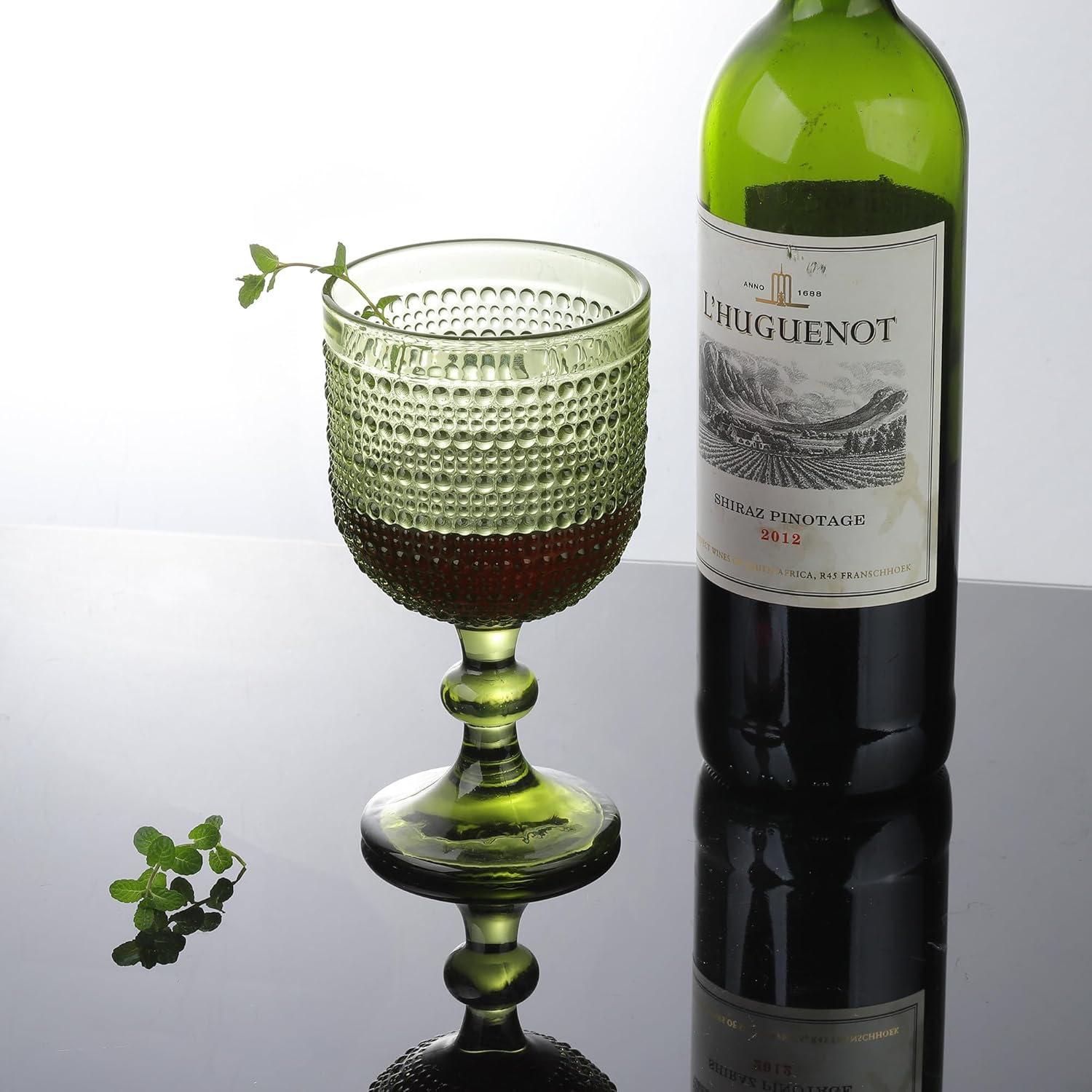 Joeyan Green Vintage Wine Goblet Glasses,Embossed Colored Stemmed Glass Cups,Hobnail Stemware Drinking Glasses,Romantic Beaded Glassware for Water Juice Cocktail,12 oz,Set of 4,Dishwasher Safe - Image 3