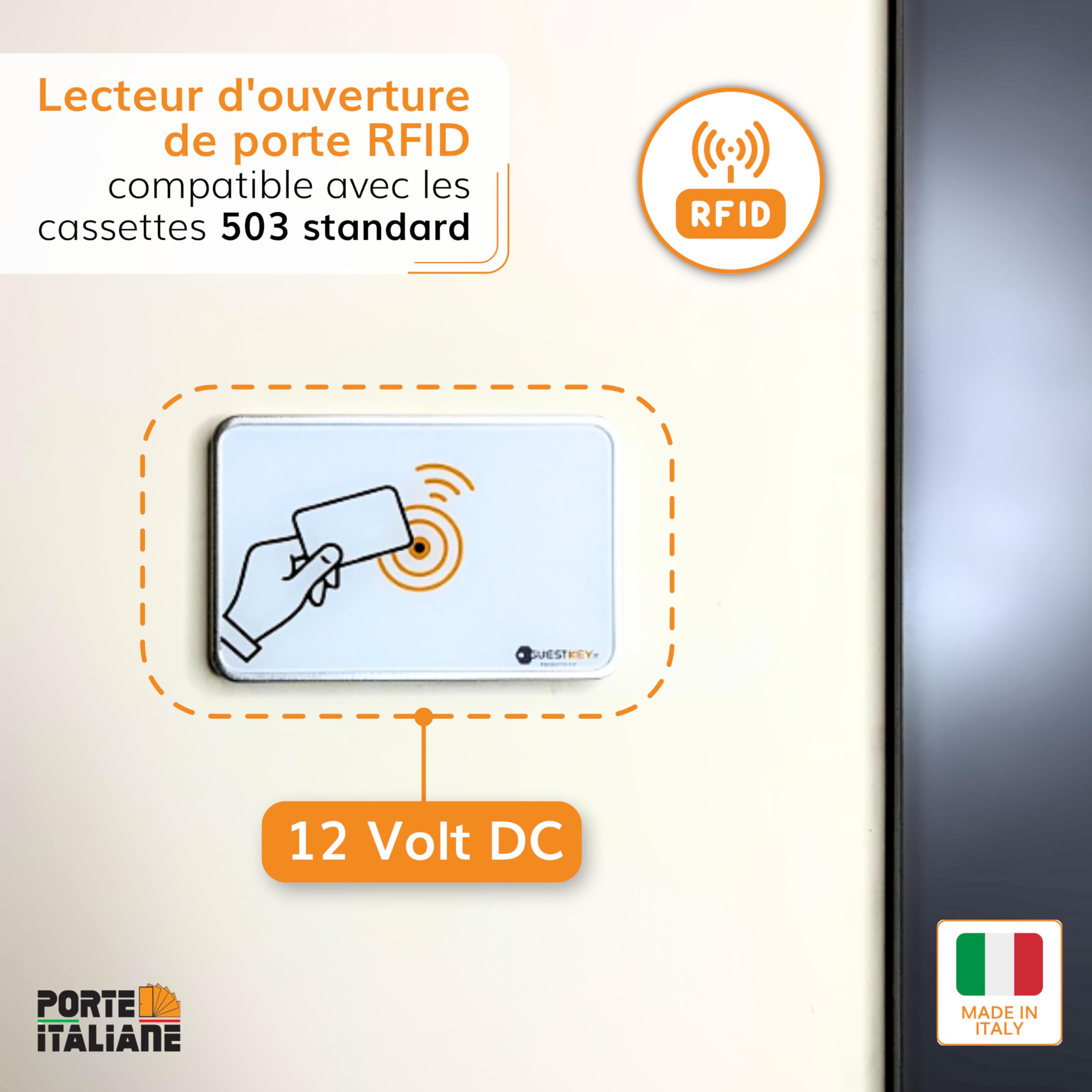 Porte Italiane, Lecteur de Badge RFID pour Contrôle d'Accès des Chambres dans Les B&B, Hôtels et Auberges, avec Pochette pour Économie d'Énergie, Kit Complet avec 4 Cartes RFID, Version de Base