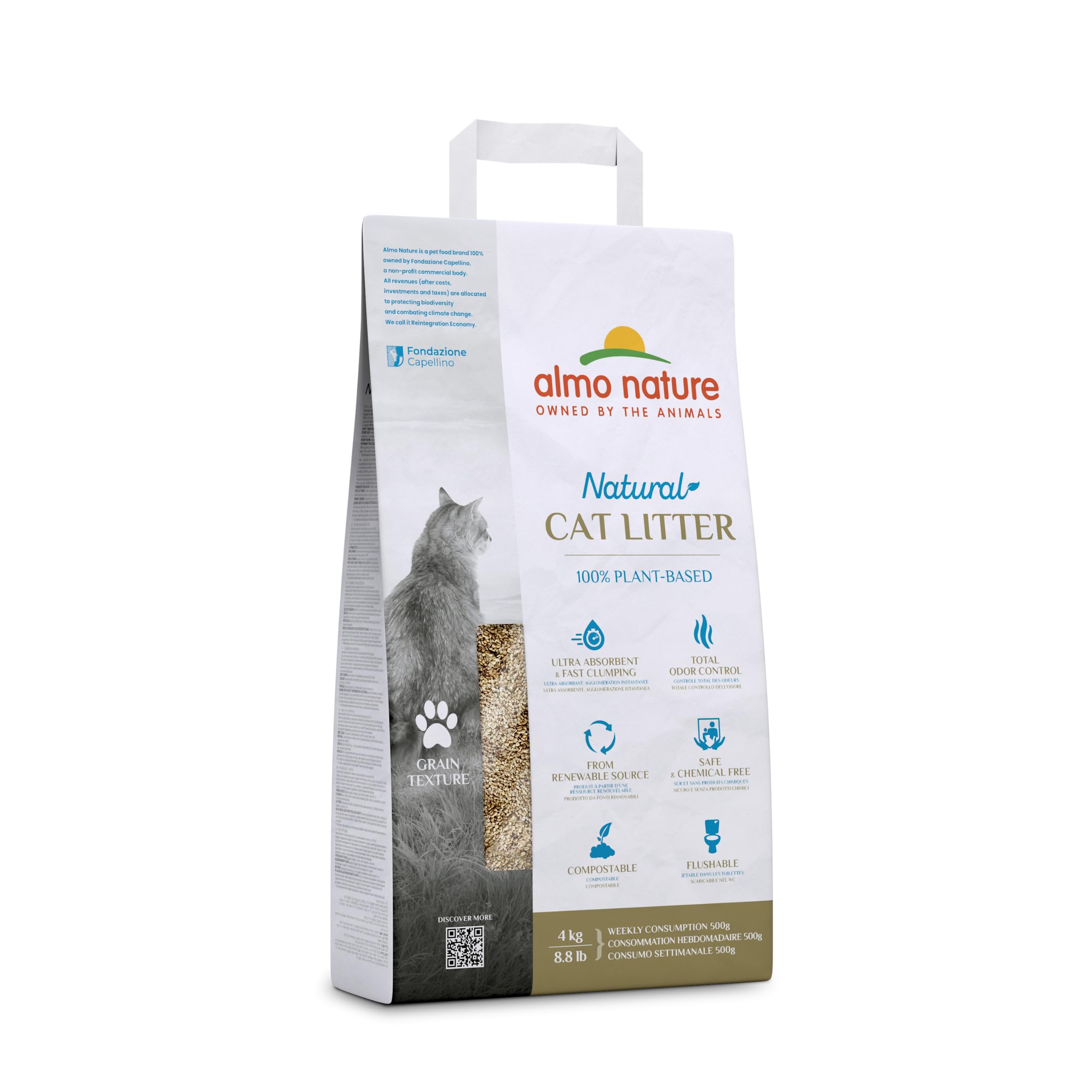Almo Nature Natural Cat Litter Grain Texture - Arena para Gatos, 100% Vegetal, Biodegradable, Duradera y contra los olores. Saco de 4 kg