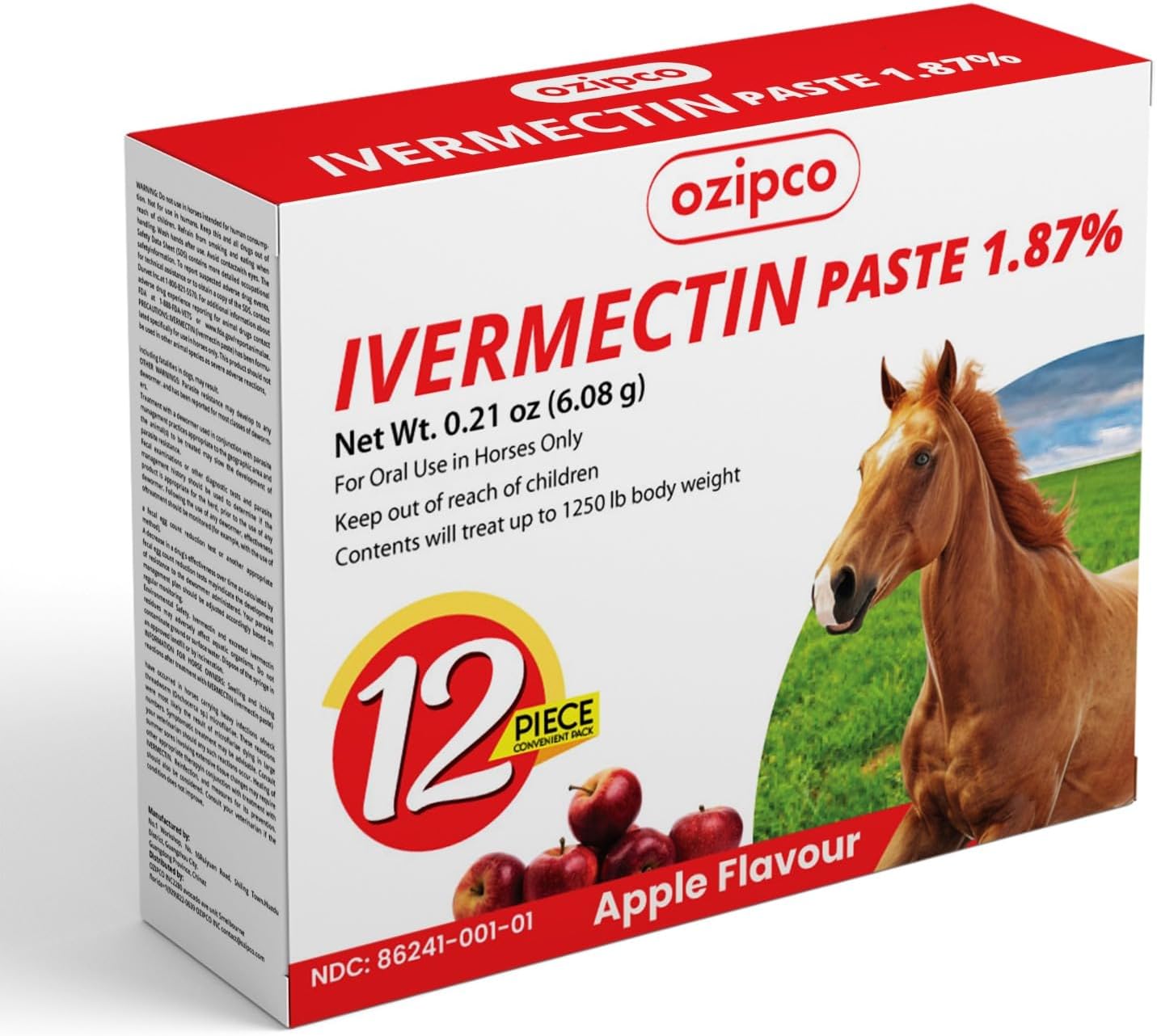 Ivermectin Horse Paste 1.87% | Apple Flavor – 6.08g Syringe for Equine Use Only Up to 1250 LB (12-Pack)