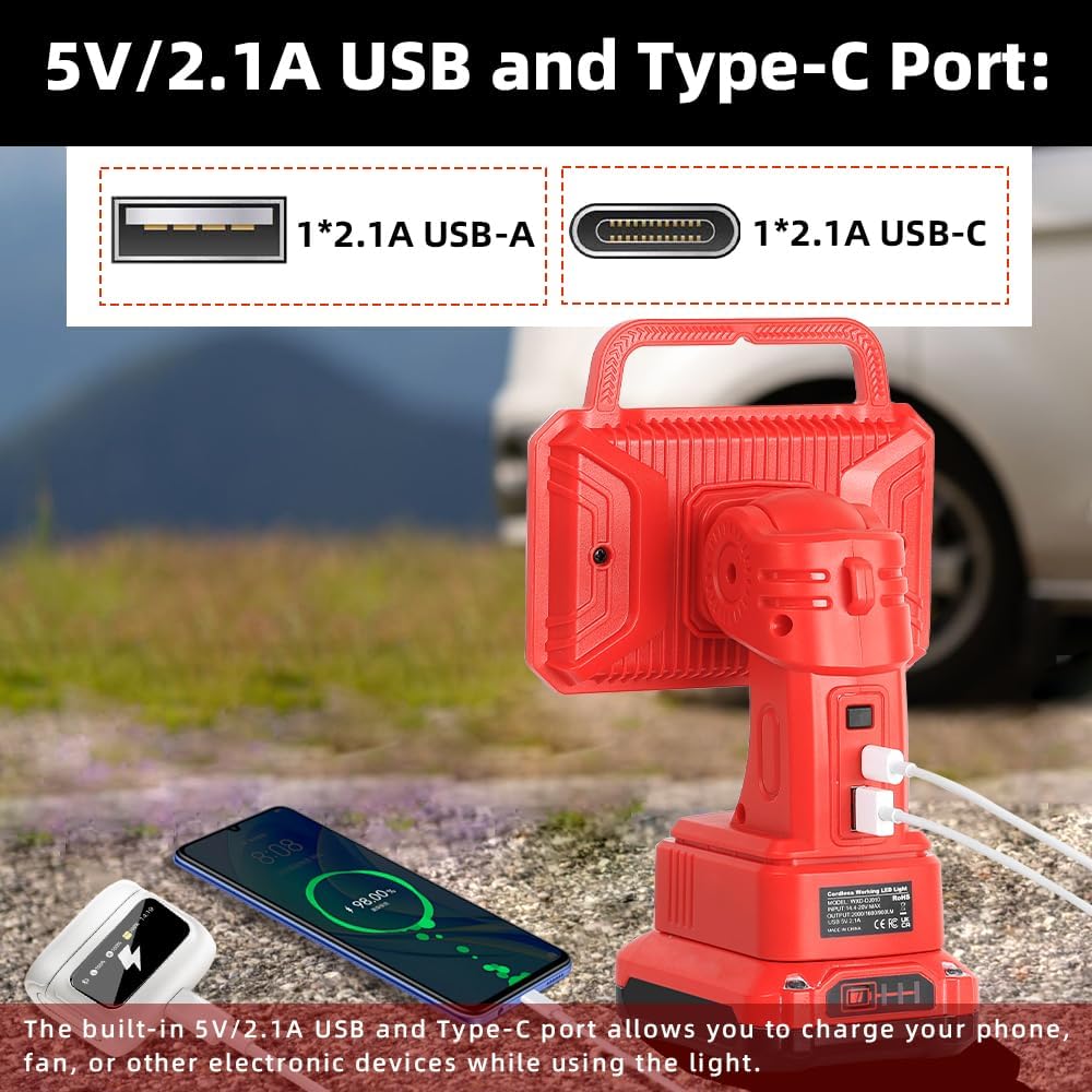 2000LM Cordless Flashlight Compatible with Craftsman V20 Li-ion Battery, 18W LED Work Light with 5V/2.1A USB Port &Type C Port 120° Pivoting Head Floodlight Spotlight(Tool Only)