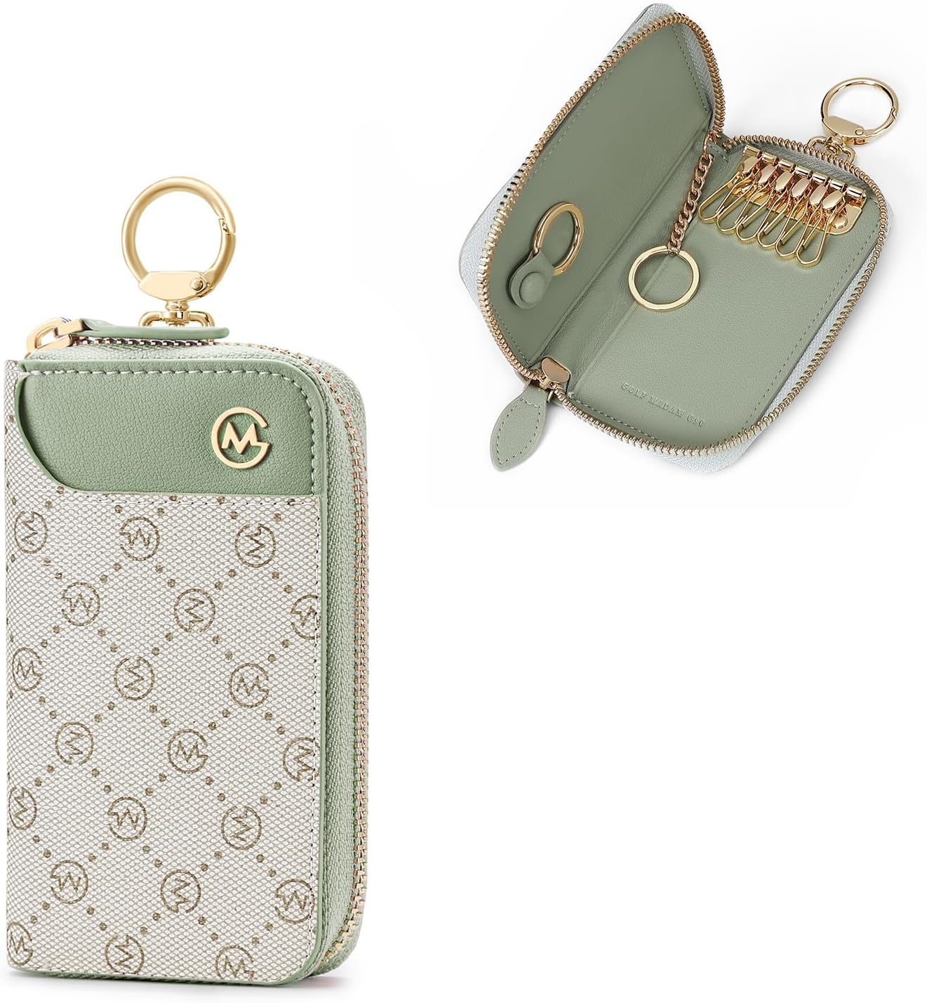 GOLF SUPAGSWomen's PVC Leather Car Key Chain Wallet Pouch with 6 Hooks and 2 Card Slots (Bean Green x Ash Green, Large)