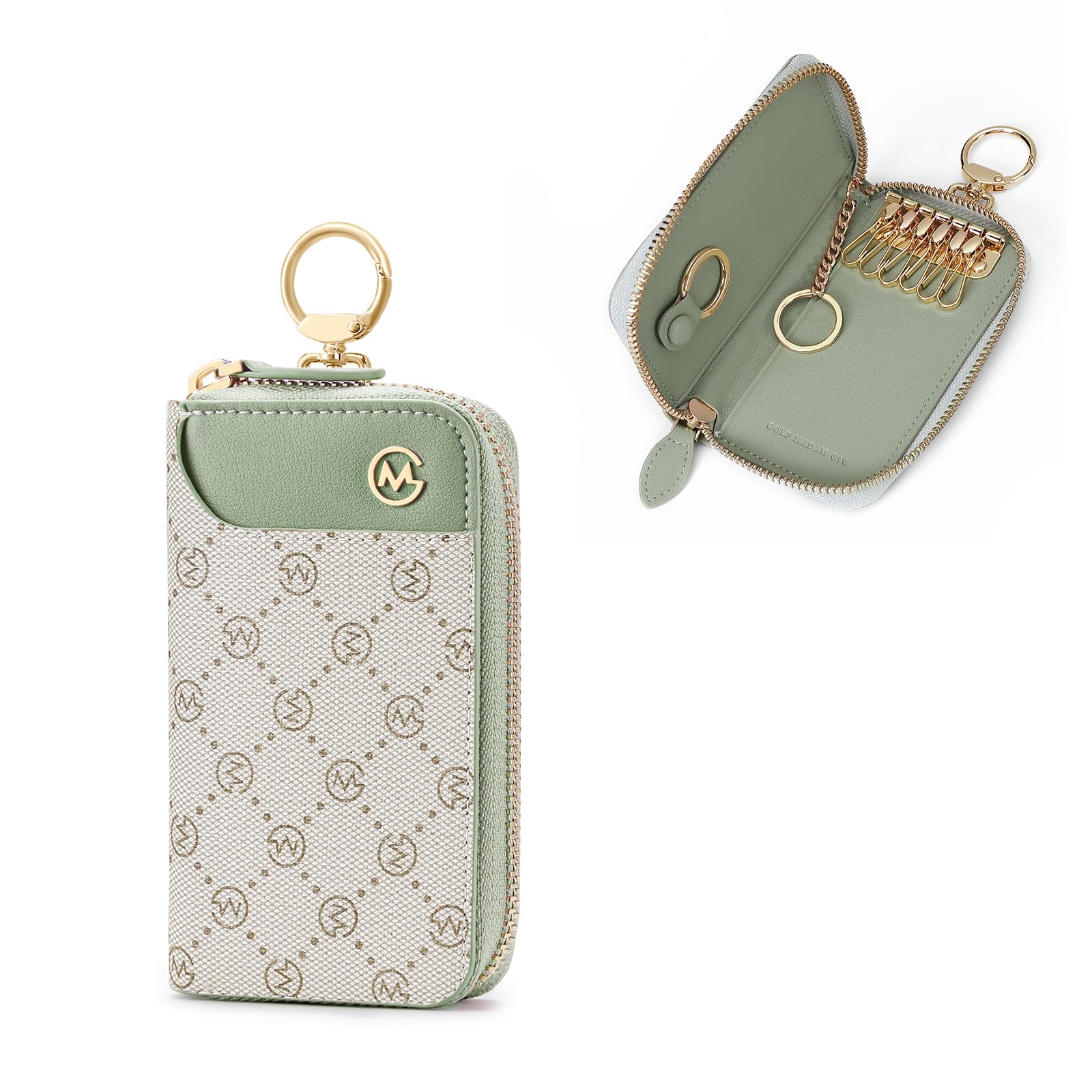 GOLF SUPAGSWomen's PVC Leather Car Key Chain Wallet Pouch with 6 Hooks and 2 Card Slots (Bean Green x Ash Green, Large)