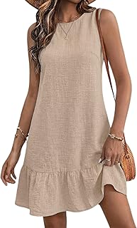 Womens Casual Summer Dresses Tie Back Crew Neck Sleeveless Tank Mini Dress Ruffle Hem Flowy Beach Sundresses