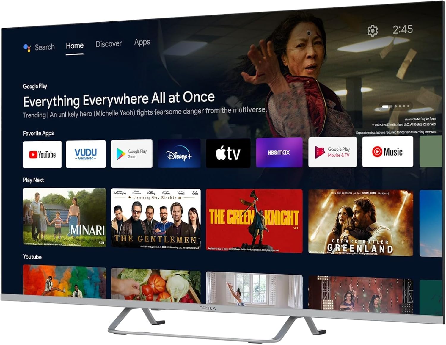 Android TV 11 home screen with various apps