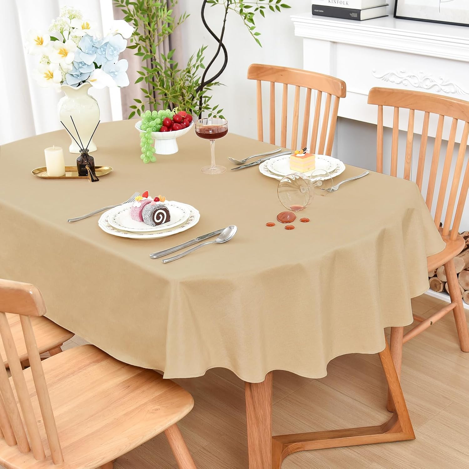 Wolkemer Oval Tablecloth 60 x 84 Inches Faux Linen Water Resistant
