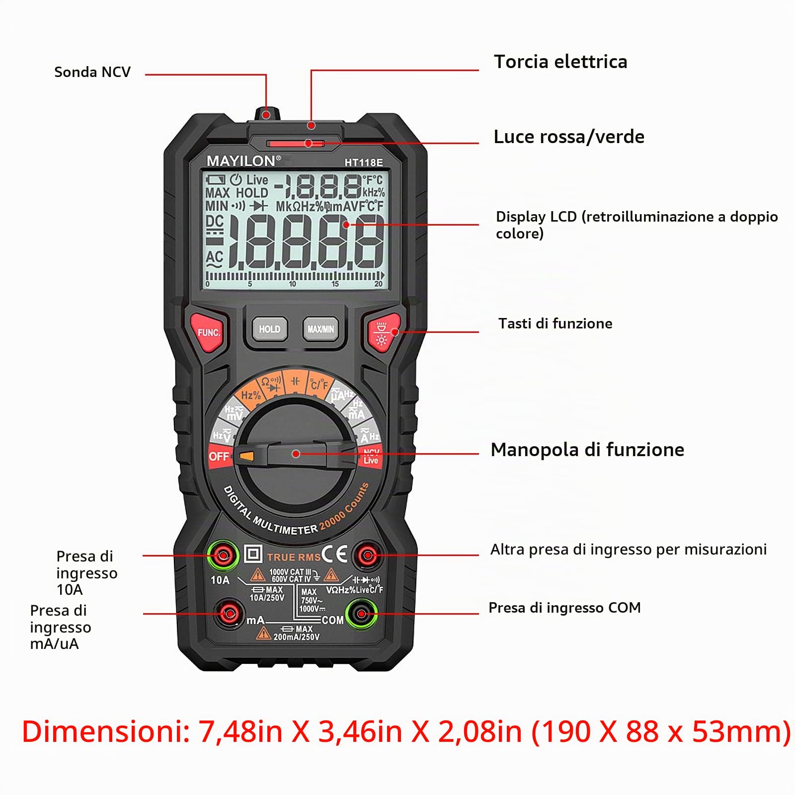 HT118E 20000 Conta Multimetro Digitale, Voltmetro Amperometro TRMS con NCV e Rilevamento di LIVE, Misura AC/DC Tensione e Corrente, Temperatura, Capacità, Resistenza, Diodi, Continuità, Frequenza