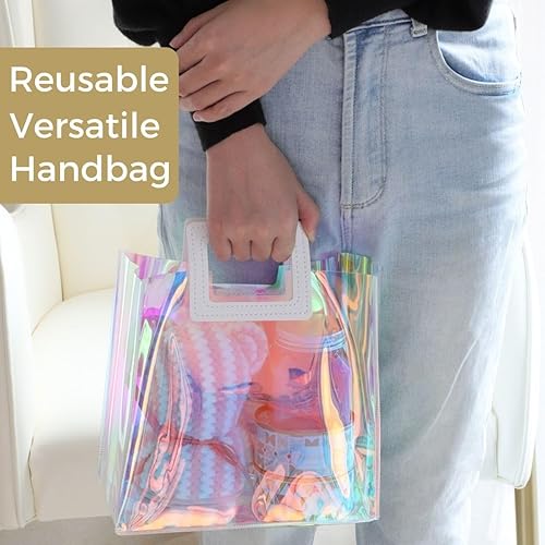 Miniatura 10 de VUOJUR 3 bolsas de regalo holográficas de tamaño mediano de 11 x 9.8 x 5.1 pulgadas, transparentes, reutilizables, bolsas de regalo de cumpleaños