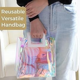 VUOJUR 2pcs Holographic Small Gift Bags 8.3x8x4\'\' Clear Reusable Birthday Gift Bags for Women Girls Iridescent Christmas Gift Bag with Handle