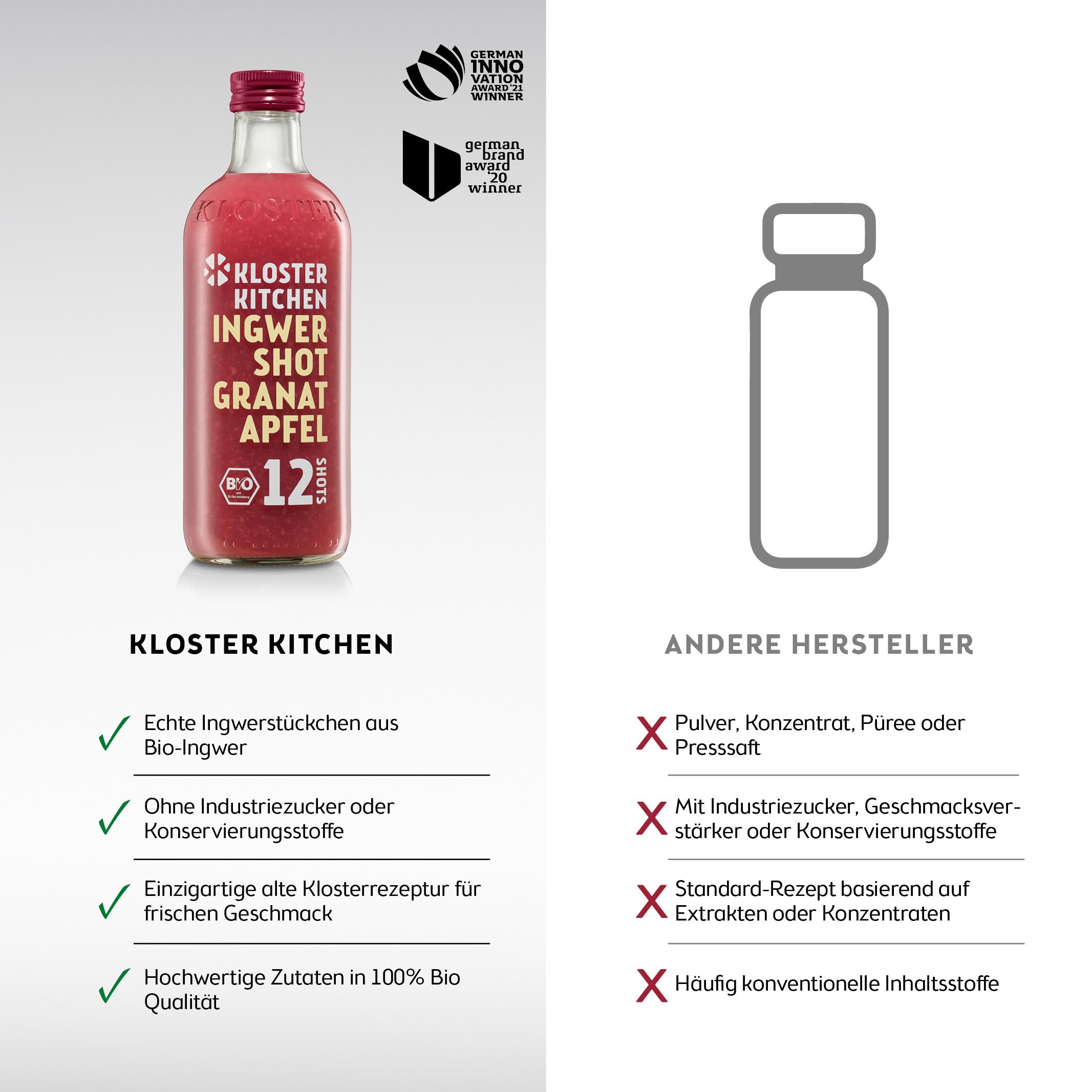 Kloster Kitchen Jengibre Shot 12SHOTS 6 x 360 ml, con trozos de jengibre, vegano