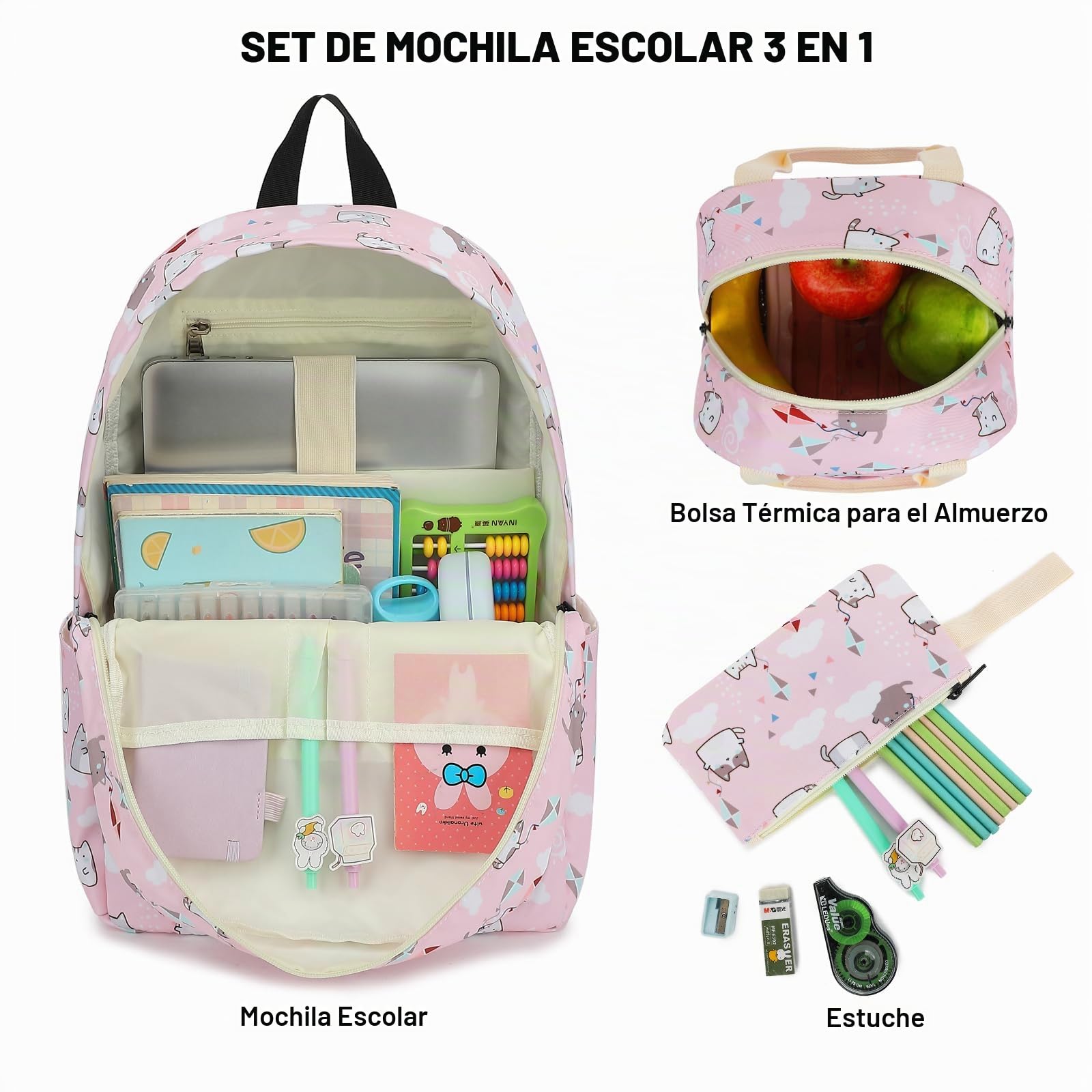 Mochilas Escolares Niña, 3 en 1 Mochila Escolar Chica Mochila Colegio con Bolsa de Almuerzo Estuche de Lápices