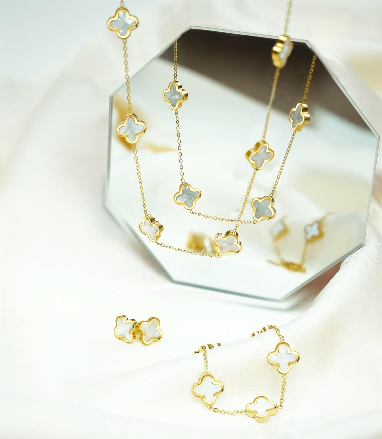 SHINYY Four Leaf Clover Necklace Bracelet Earring Set for Women | 18K Gold Plated 4 Leaf Lucky Jewelry - Image 5