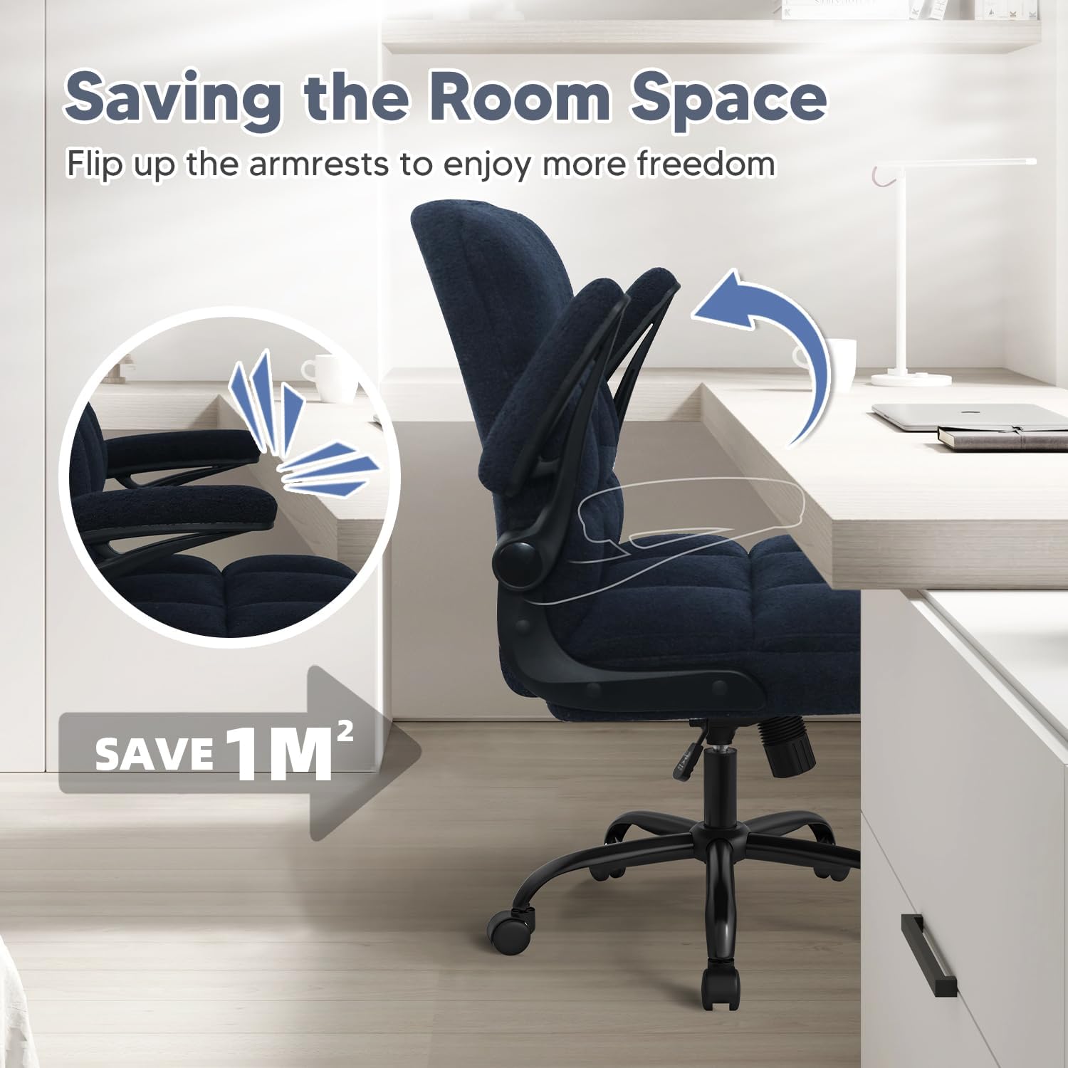 Office Chair with Wheels, Ergonomic Home Office Computer Chair with Flip-up Armrest, Adjustable Rolling Desk Chair Teddy Fleece – Dark Blue