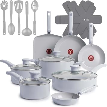 T-Fal Refresh Ceramic Nonstick Cookware Set, 20-Piece, Oven Safe to 350F, Includes Stockpot, Griddle, Frying Pans, Utensils, Ceramic Pots and Pans Set, Blue