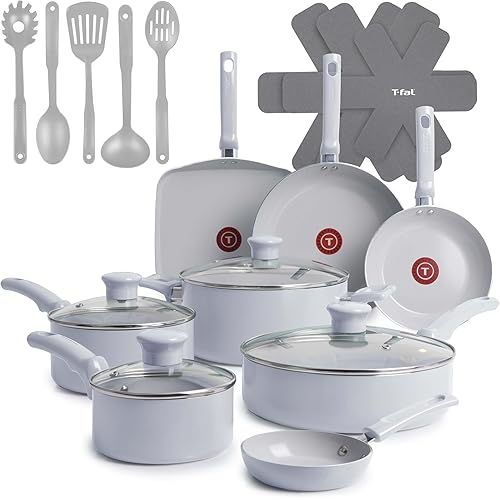 T-Fal Refresh Ceramic Nonstick Cookware Set, 20-Piece, Oven Safe to 350°F, Includes Stockpot, Griddle, Frying Pans, Utensils, Ceramic Pots and Pans Set, Blue