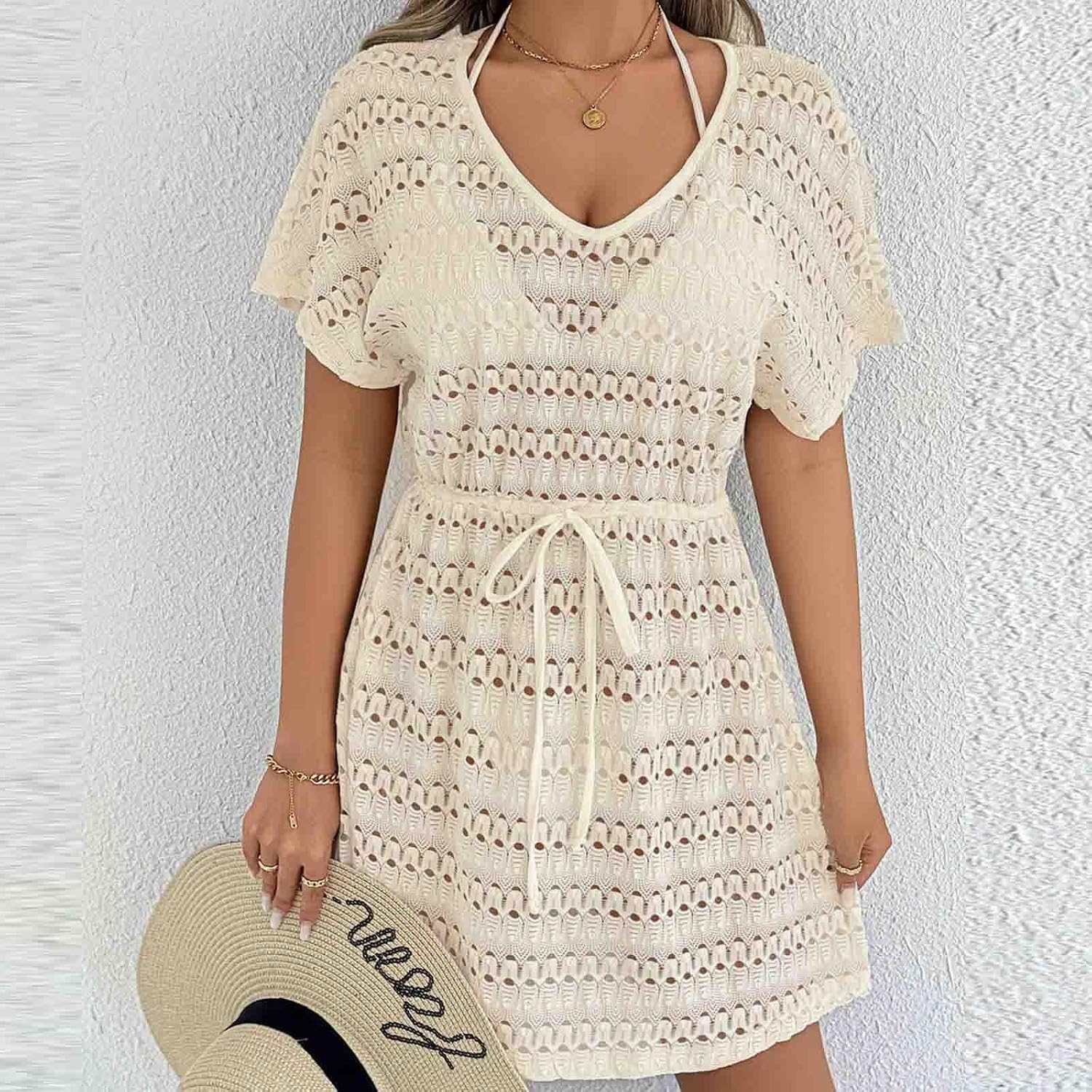 Women Swimsuit Cover Ups Knit Hollow Out Short Sleeve Beach Cover-Up Dress V Neck A Line Beach Dresses for Summer Vacation
