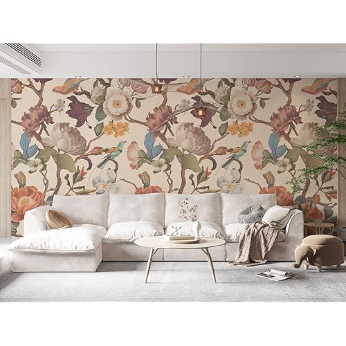 Zeeko Floral Peel and Stick Wall Mural Beige Flower Wallpaper for Bedroom TV Background Vintage Wallpaper Large Floral Wall Murals Art Deco 148" W x 98" H