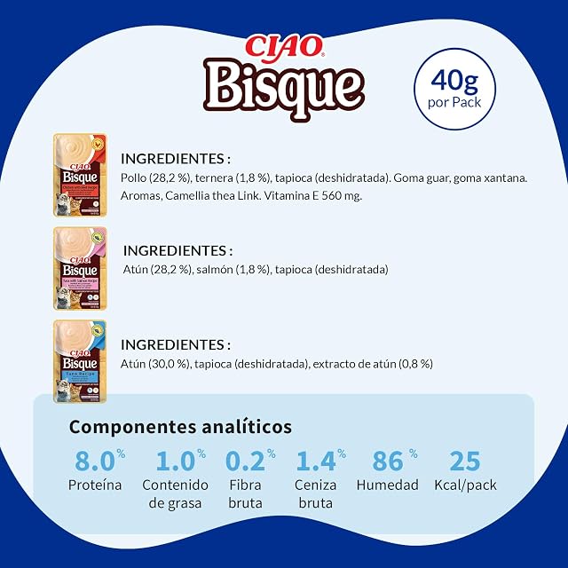 Foto 7 de 7 de INABA Ciao Bisque, Multipack Pollo, Atún, Ternera y Salmón, 960g (24 x 40g)
