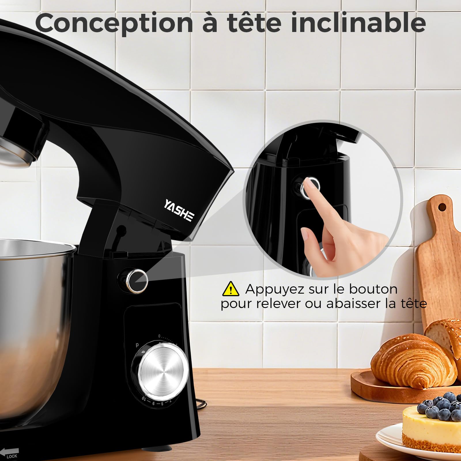 YASHE Robot Pâtissier 1500W, 4,5L + 5L Deux Bols en Acier Inoxydable, 10+P Vitesses, Tête Inclinable, Crochet à Pâte, Batteur & Fouet, Robot Pétrin Professionnel