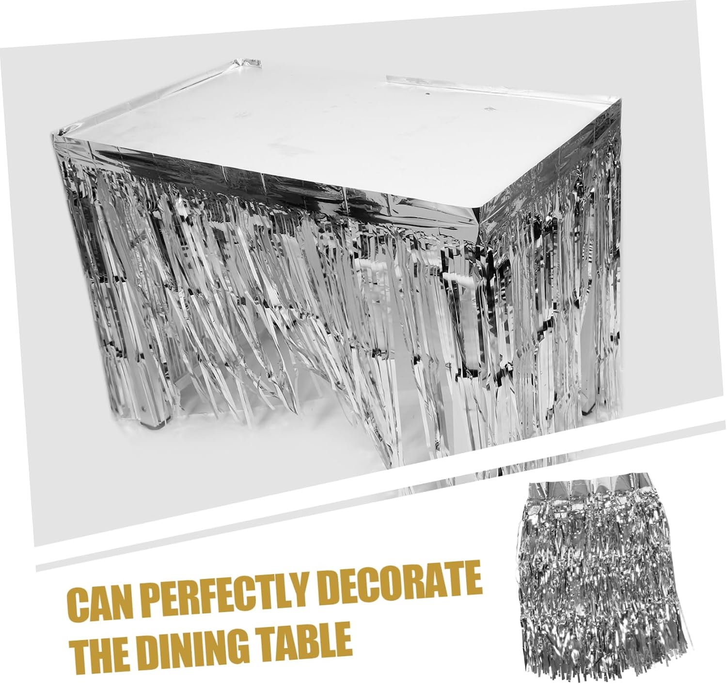 Silver Metallic Tinsel Table Skirt Tablecovers, Xmas Halloween Season