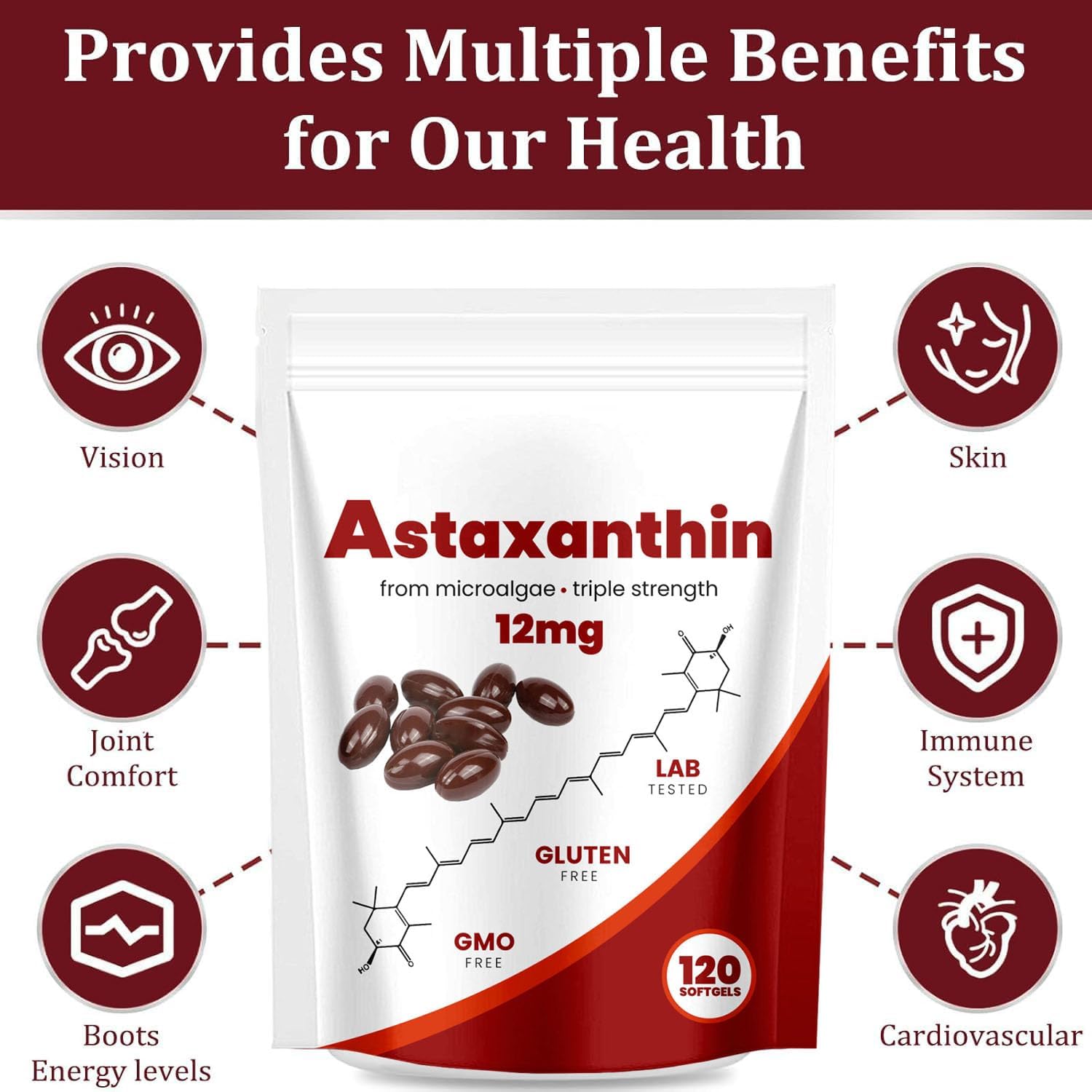 Astaxanthin 12mg, Natural Antioxidant, Supports Immune, Fresh Microalgae for Skin Eye and Internal Circulation Health, 120 Softgels (01, 01#)