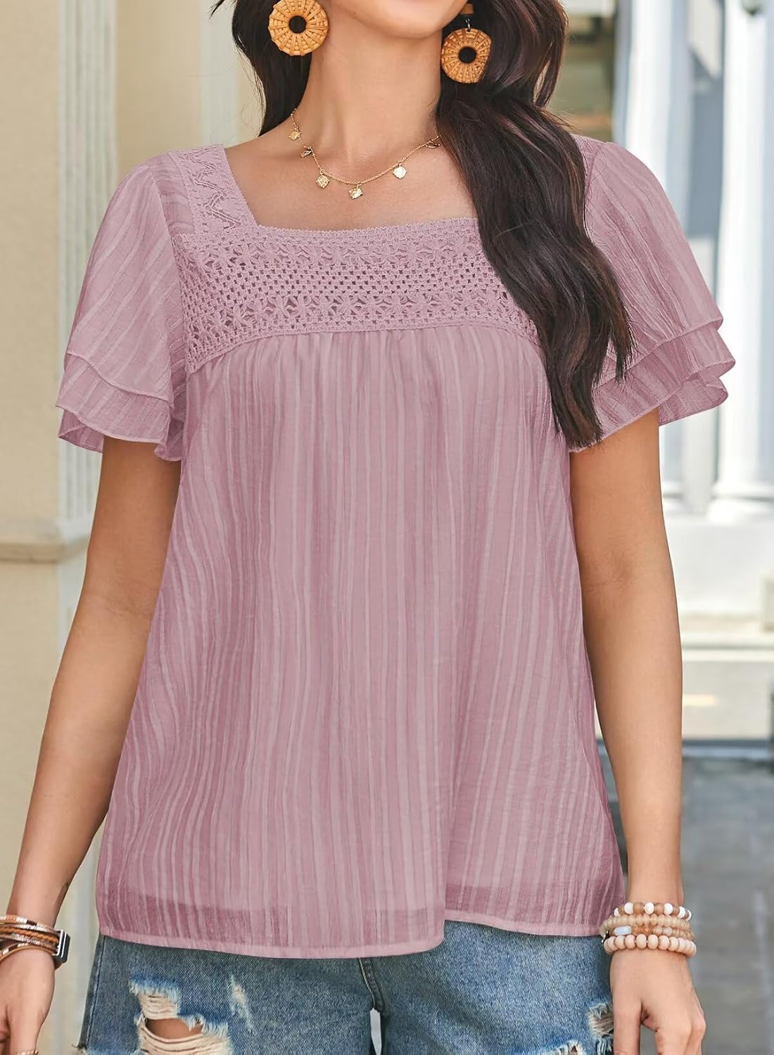 Womens Tops Summer Boho Blouses Short Sleeve Square Neck Crochet Lace Trim Casual Chiffon Shirts Double Layers - Image 4