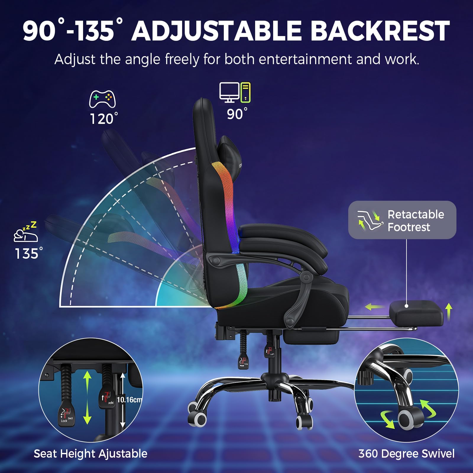 GTPLAYER Silla de gaming, silla de oficina, silla de gaming con barra de luz LED y función de masaje, silla gamer, respaldo con bolsa de almacenamiento, silla ergonómica de PC con mando a distancia