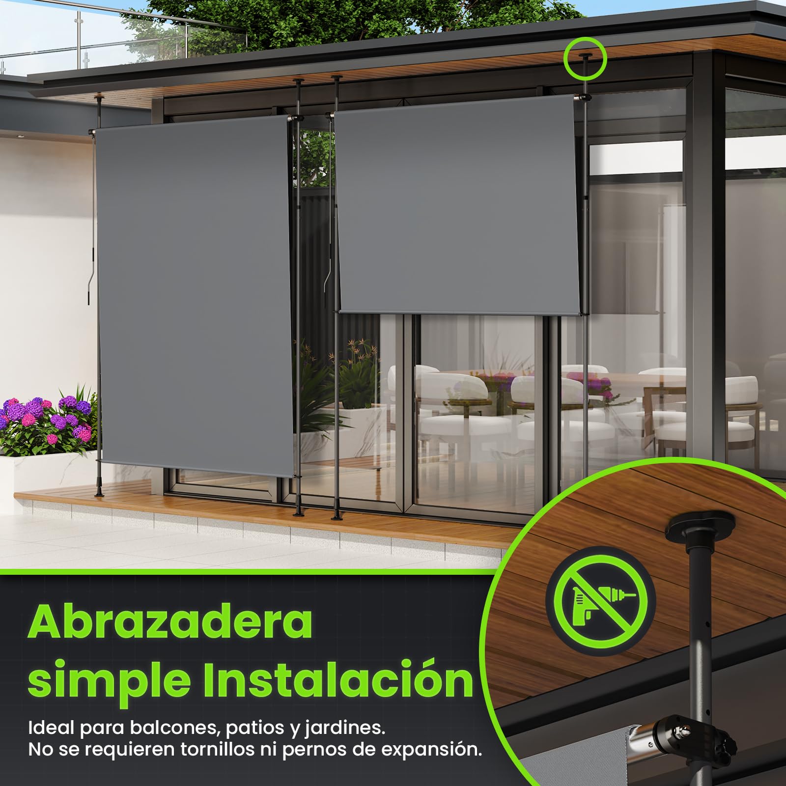 YEAUPE Pro Toldo Vertical Exterior, 100 x 300 cm, Gris Oscuro, sin Agujeros, toldo con Pinza, con manivela, Adecuado para balcón, terraza, Exterior y jardín, protección Visual Resistente a la