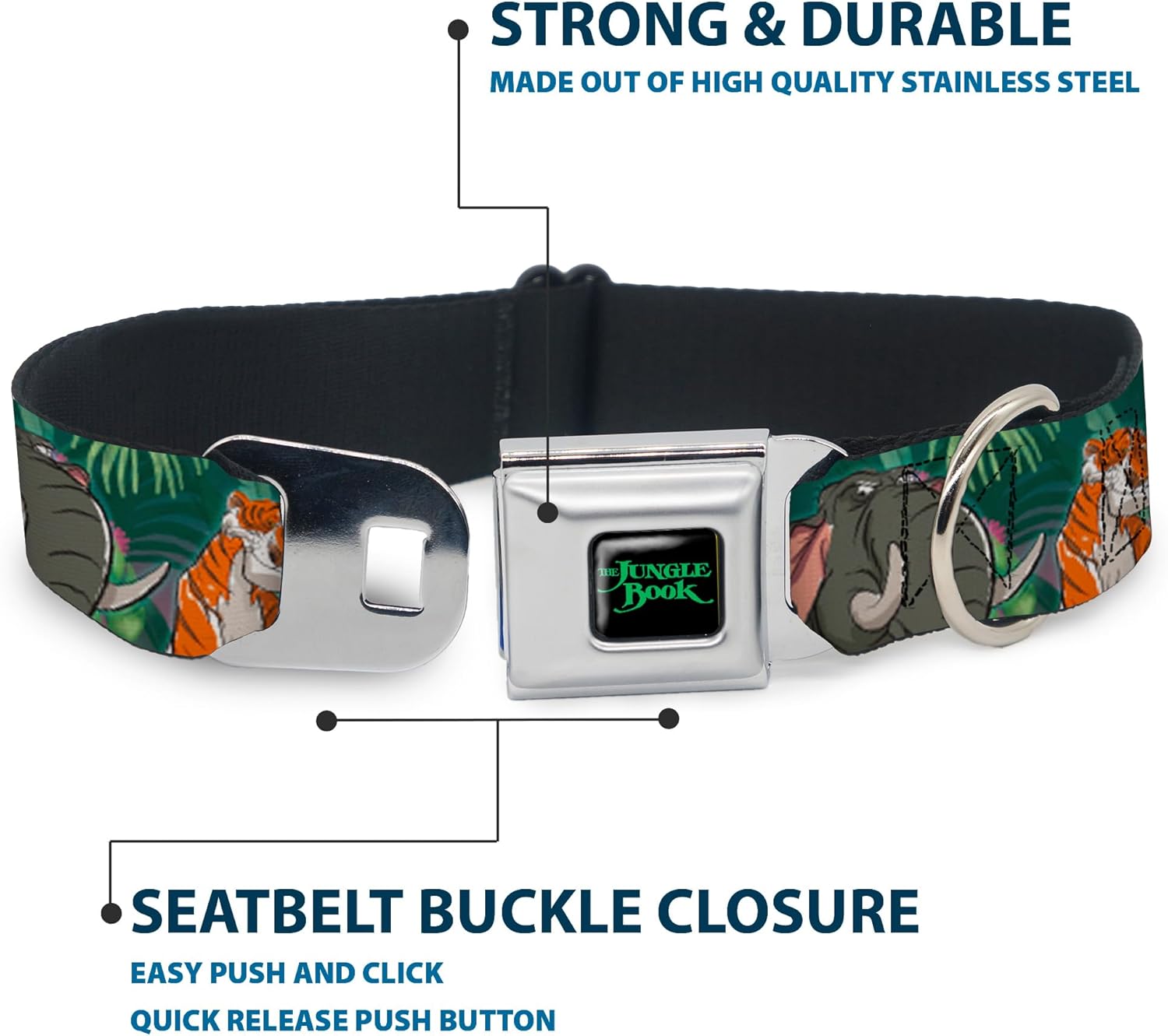 Buckle-Down Dog Collar Seatbelt Buckle The Jungle Book 8 Character Group Greens, Multicolor, 1.5" Wide - Fits 18-32" Neck - Large (DC-WDY308-WL)