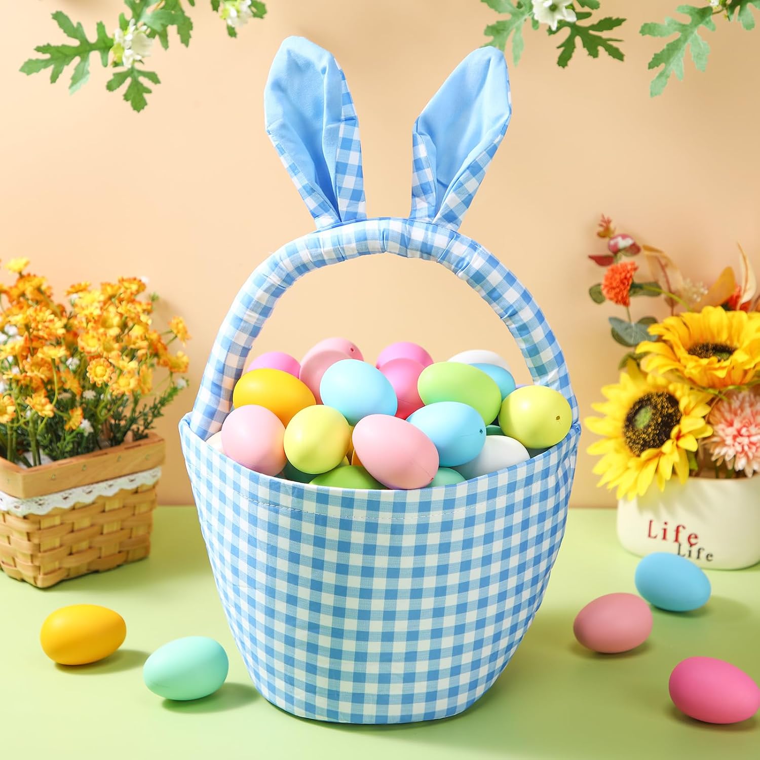 DoubleFill 1 Piece Easter Bunny Basket Bags for Boys Girls with Cute Rabbit Ears 2026 New, Safety and No Odor Bucket Storage Gifts for Easter Egg Hunts Decorations Candy Gifts Storage (Blue)