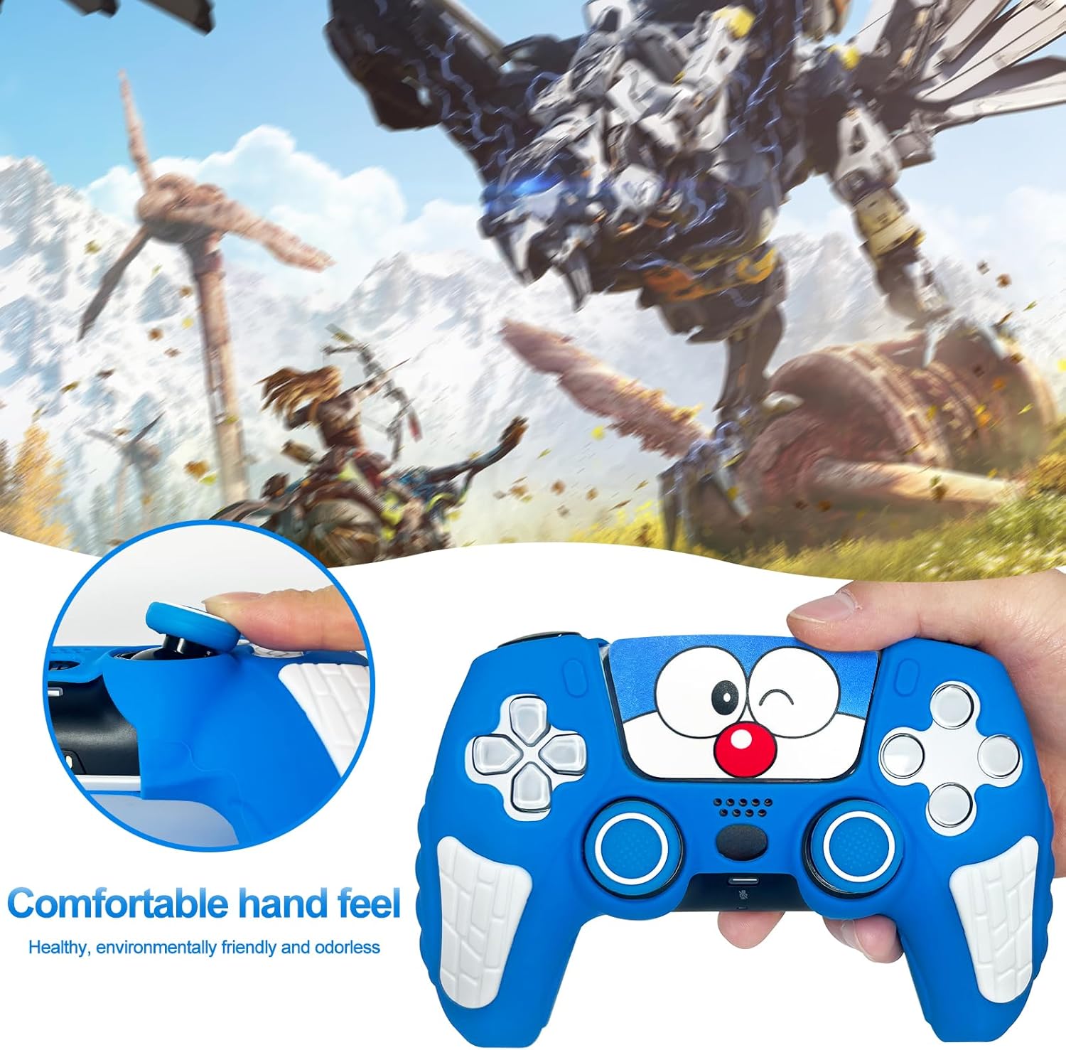 Blue Anti Slip PS5 Controller Skin Set, Doraemon Limited Edition Soft Protective Controller Cover Case for PlayStation 5/Slim/Pro Control with Touch Pad Stickers and 2 Thumb Grip Caps - Image 6