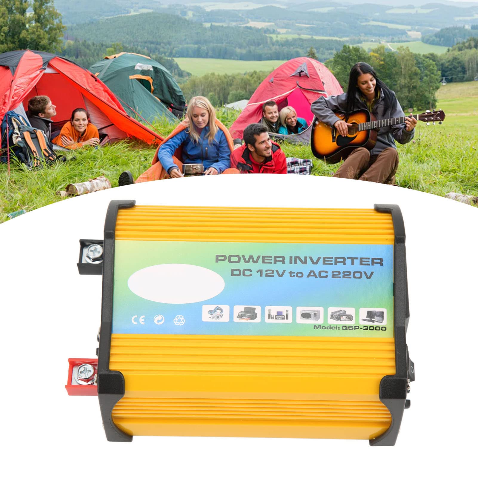 Zmodyfikowany falownik samochodowy sinusoidalny 300W DC 12V na AC 220V Przetwornica napięcia samochodowego z podwójnymi portami USB do podróżowania na zewnątrz (Yellow)