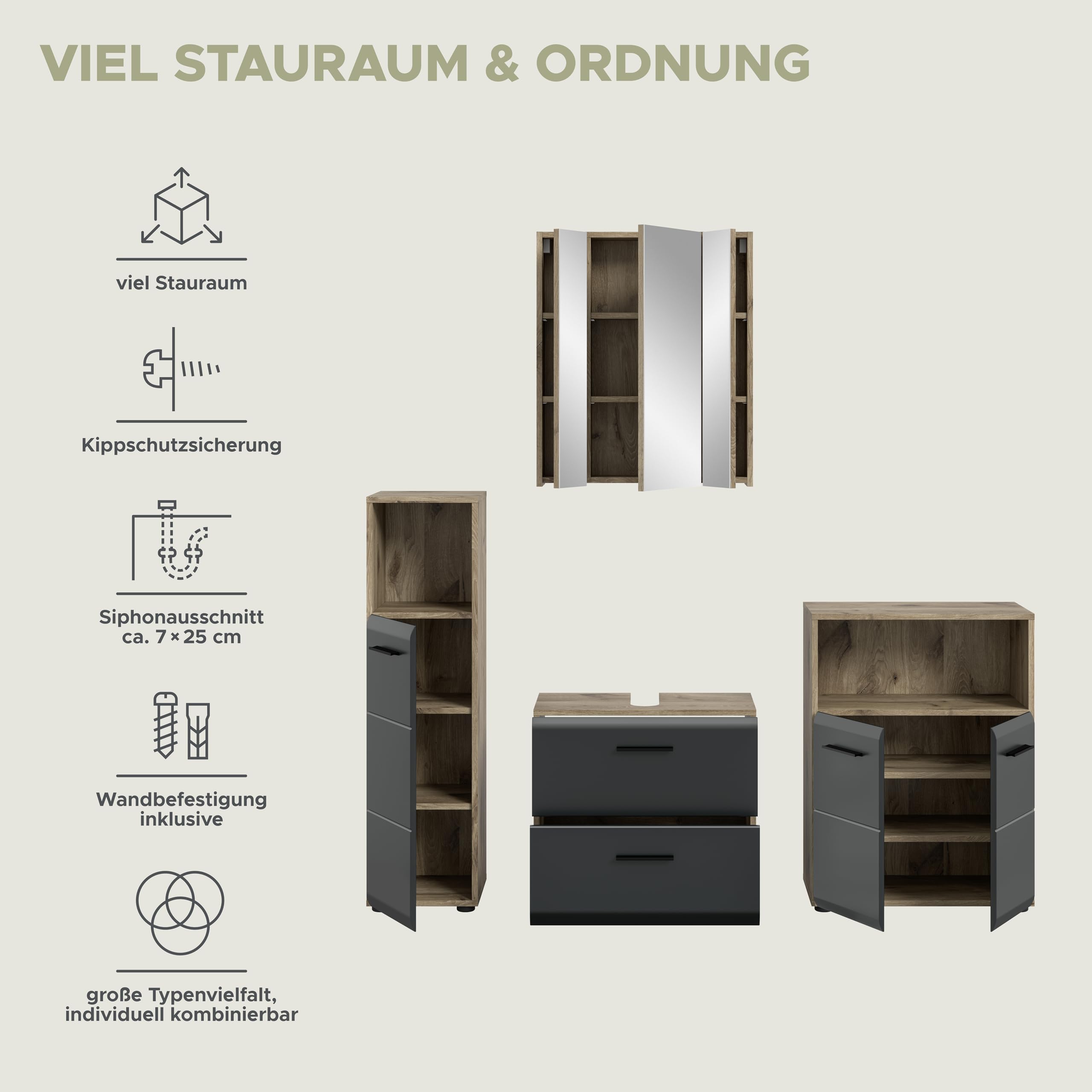 xonox.home – 4 TLG. Badkombination Ice 180x185x30 cm in Korpus Nox Oak Nachbildung und Front schwarz matt – Moderne Badezimmermöbel Kombination – stilvoll – Bild 9