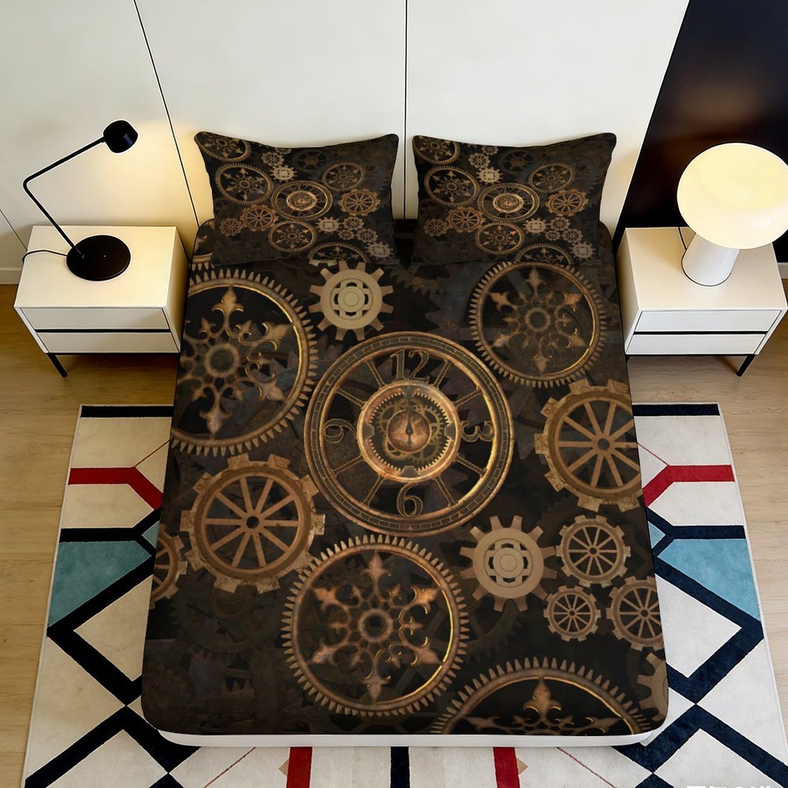 3D Printed Steampunk Gear Fitted Sheet Microfiber Brown Industrial Clockwork Mattress Cover Bedroom Decor 90x200x25cm