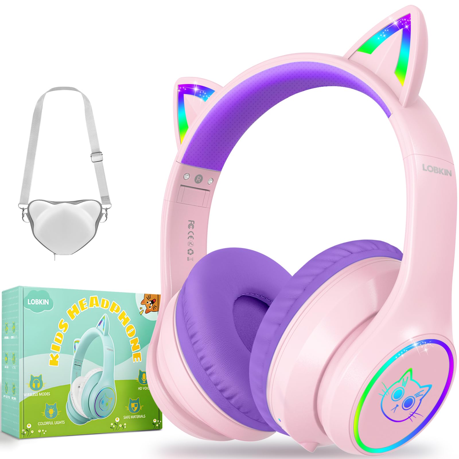 LOBKIN Kids Bluetooth Headphones,Over Ear Kids Headphones Wireless with Mic 50H Playtime Colorful LED Lights AUX Cord 94dB Safe Volume Limited Foldable Design for Boy Girl Travel/School/iPad