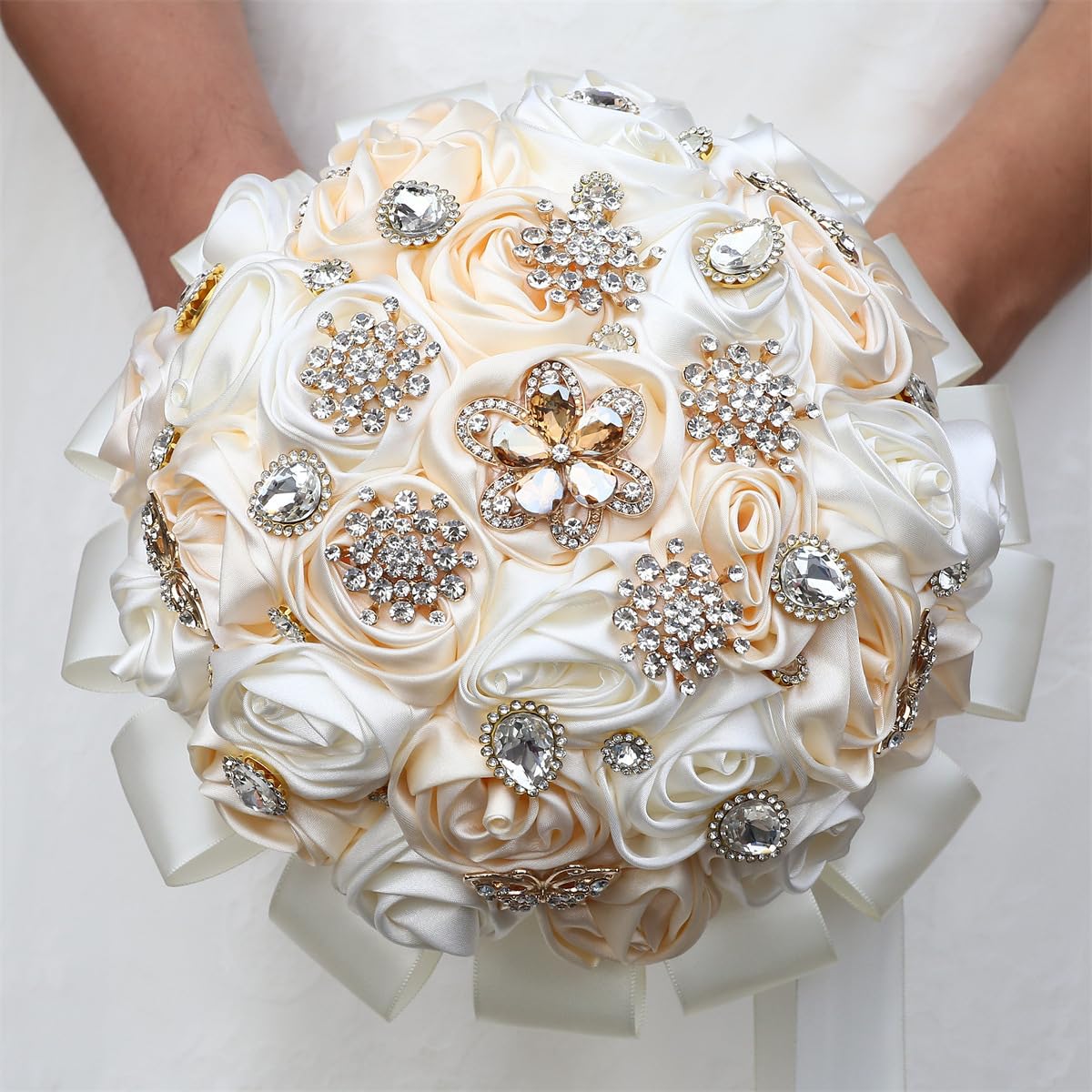 TUAGYMKR Handmade Rhinestone Brooch Satin Bridal Bouquet,7.5inches Crystal Wedding Round Tossing Bouquet, Artificial Flower Bunch for Bride Bridesmaid