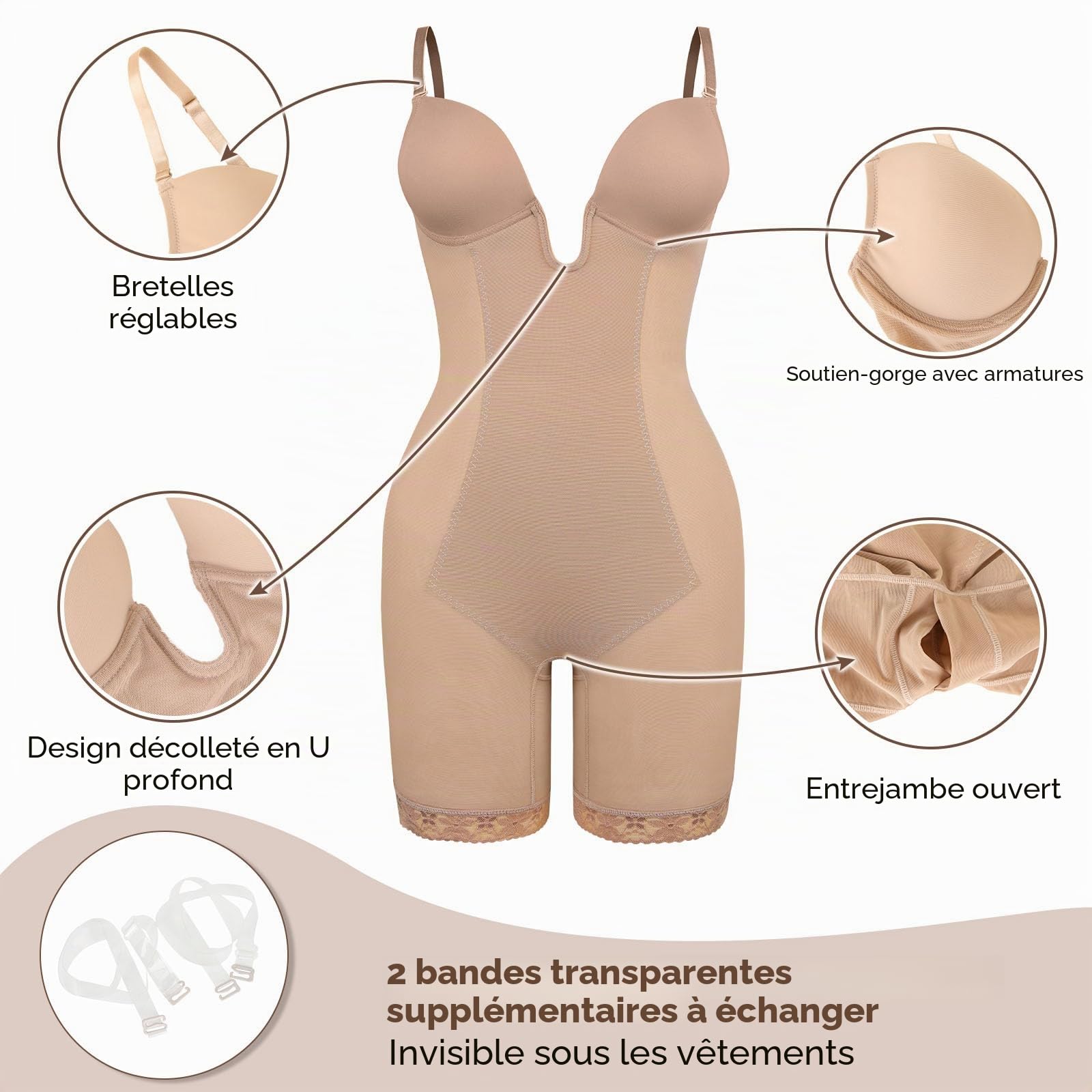 SHAPERIN Femme Body Gainant Invisible Gaine Ventre Plat Dos Nu Shapewear Tops Body Sculptant Gainant Minceur Bodysuit avec Soutien-Gorge