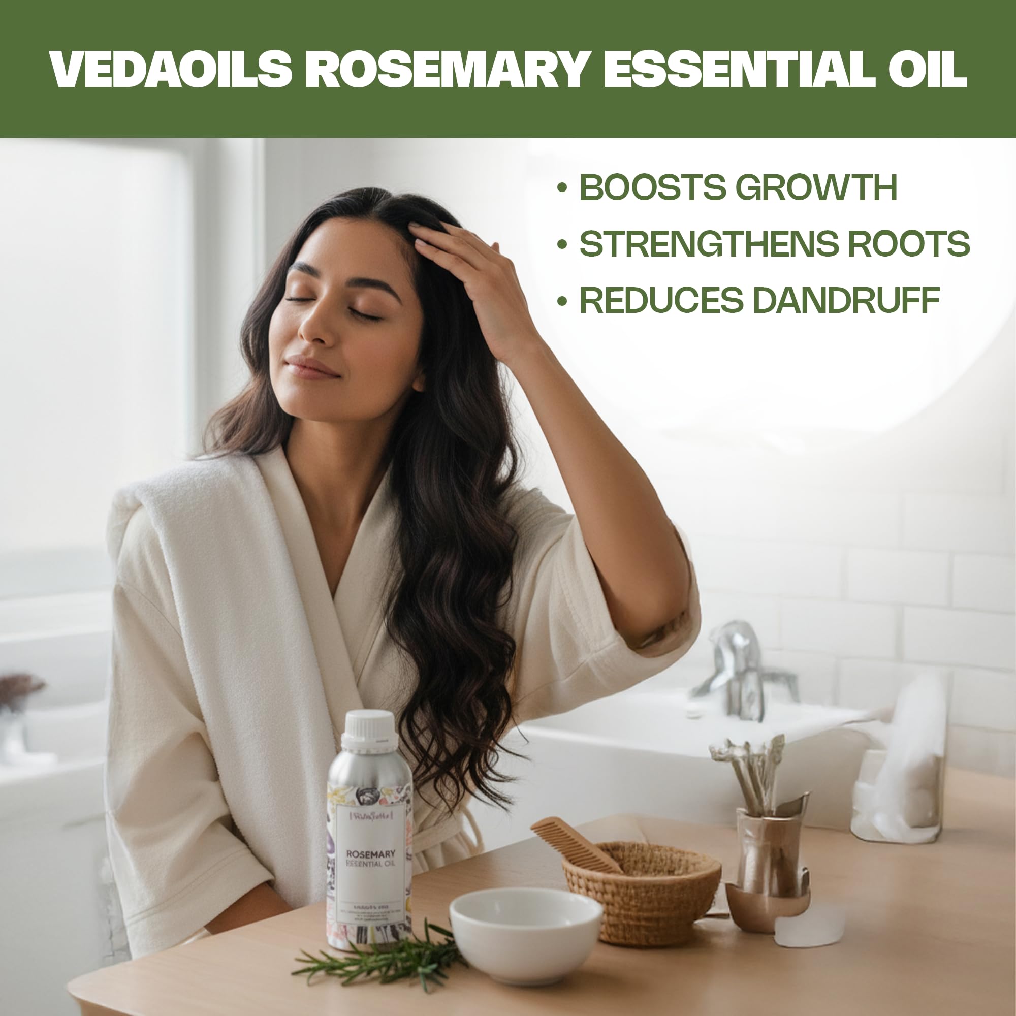 VedaOils Rosemary Essential Oil for Hair Growth, Hair Fall Control and Scalp Nourishment, Skin Care | Clinically Tested Organic 100% Pure & Natural, Undiluted Steam Distilled, 100ml - Image 2 thumbnail