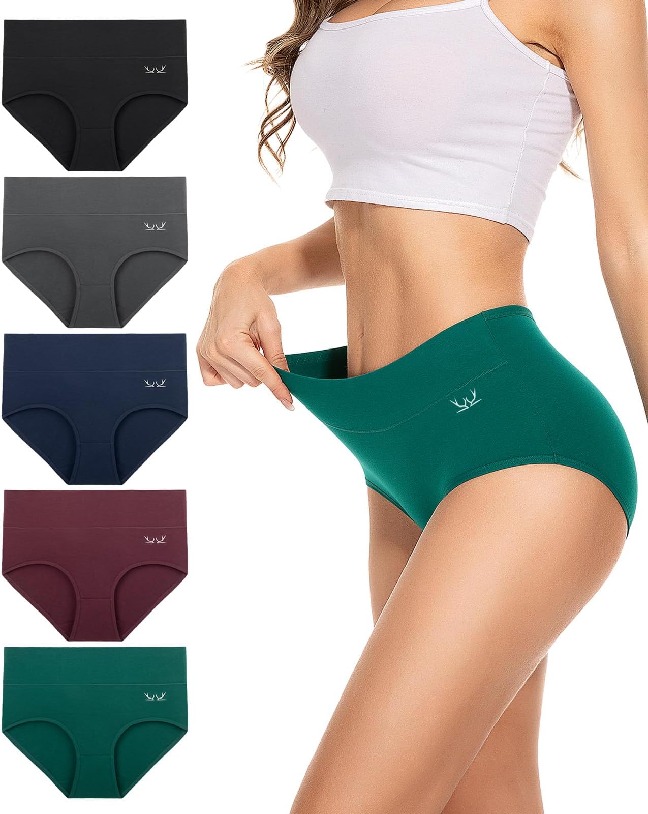PULIOUWomens Knickers Ladies High Waisted Cotton Underwear Panties Briefs Full Back Coverage Comfy Stretchy Slight Tummy Contorl Multipack of 5Global Recycled StandardGlobal Recycled StandardGlobal Recycled Standard
