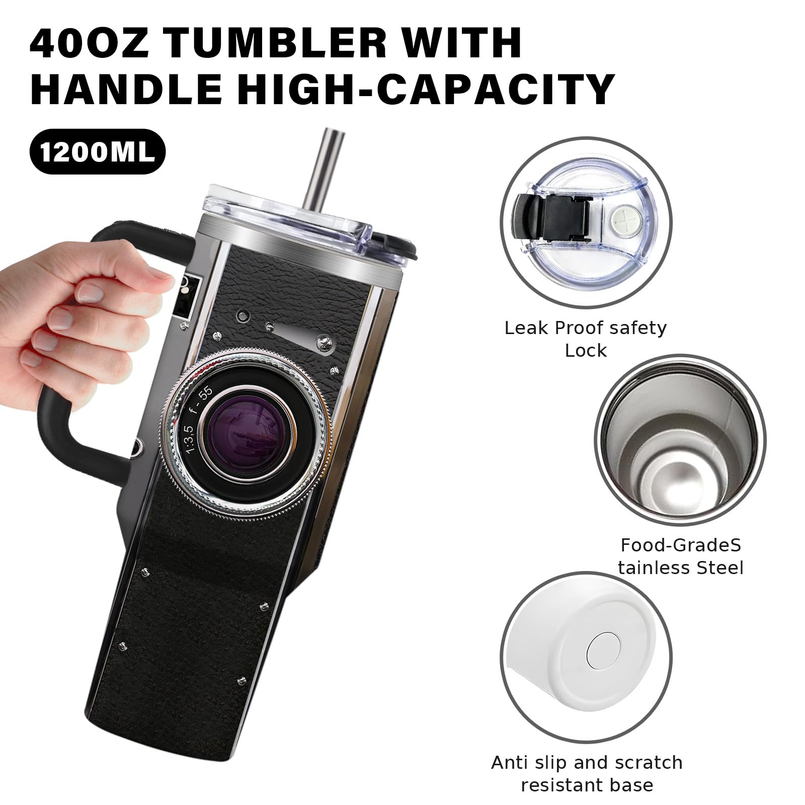 Photographer Gifts for Women Men Tumbler with Handle Straws 40oz Photography Lovers Camera Lens Coffee Cup Mugs, Cool Photographers Birthday Christmas Gift
