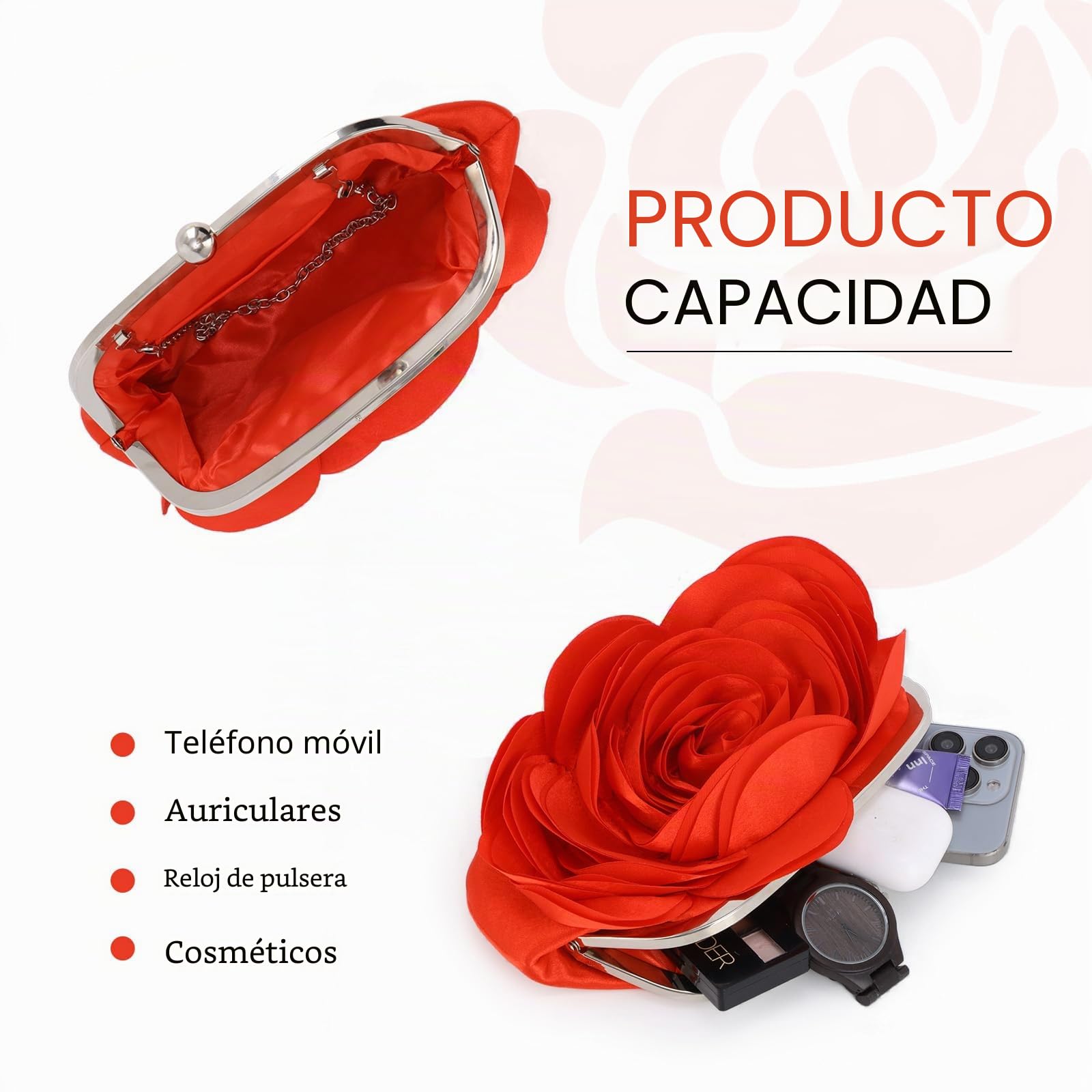Fecialy Mujeres Bolsa de Noche Floral Satén Embrague Monederos con Cadena Rose Patrón Monedero Fiesta Prom Bolsos