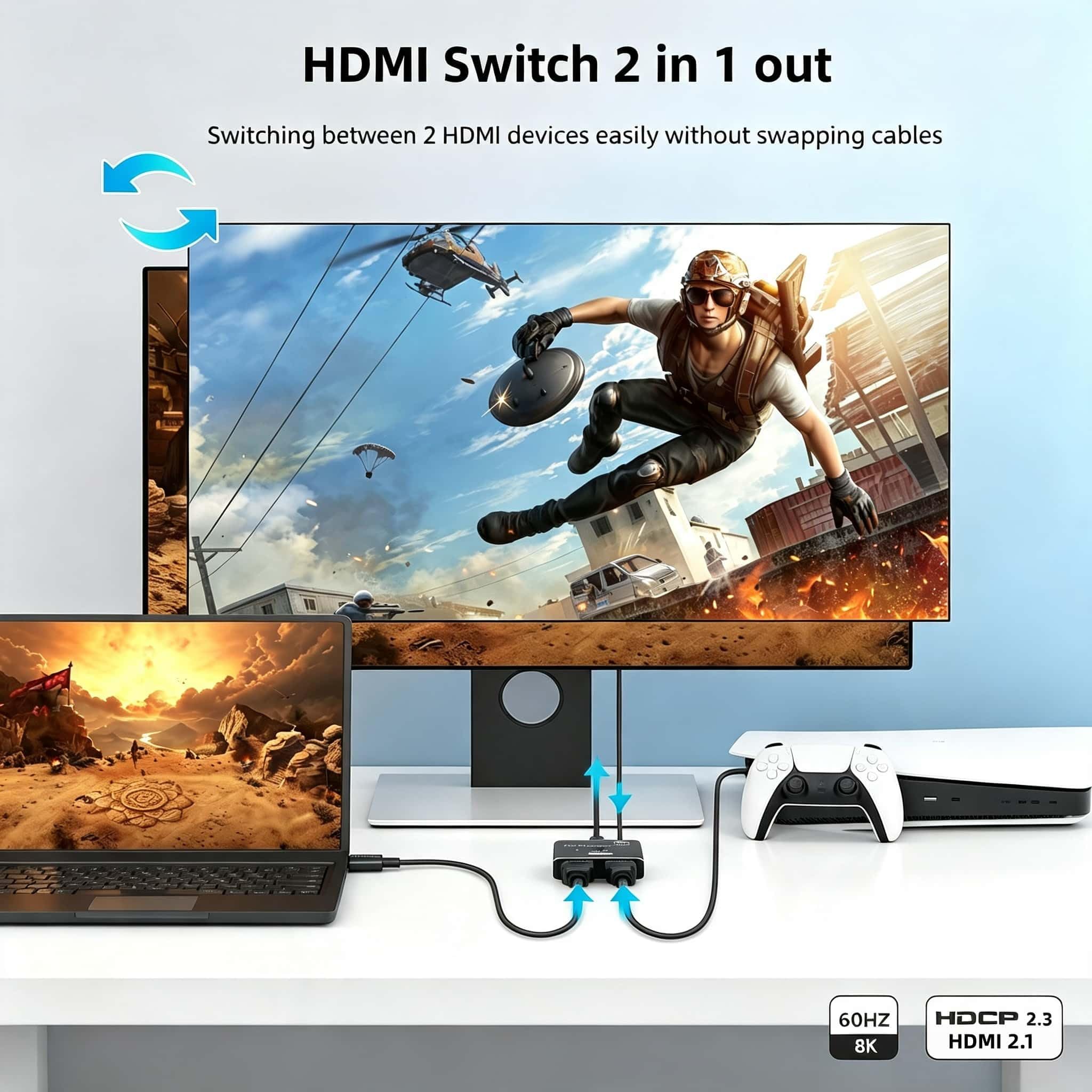Switch HDMI 2.1, 8K @ 60Hz 4K @ 120Hz alluminio HDMI Switcher 2 in 1 Out, HDMI I Splitter supporta HDR10+ 48 Gbps 3D Dolby VRR, HDM I Switcher compatibile con TV PS5/4 B0X laptop PC proiettore