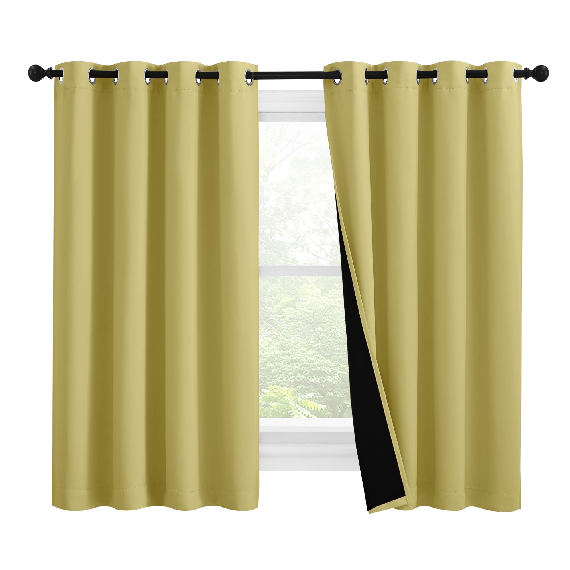 NICETOWN 100% Blackout Curtains with Black Liners, Thermal Insulated Full Blackout 2-Layer Lined Drapes, Noise Cancellation Window Draperies for Dining Room (Paler Yellow, 2 Panels, 55" W by 57" L)
