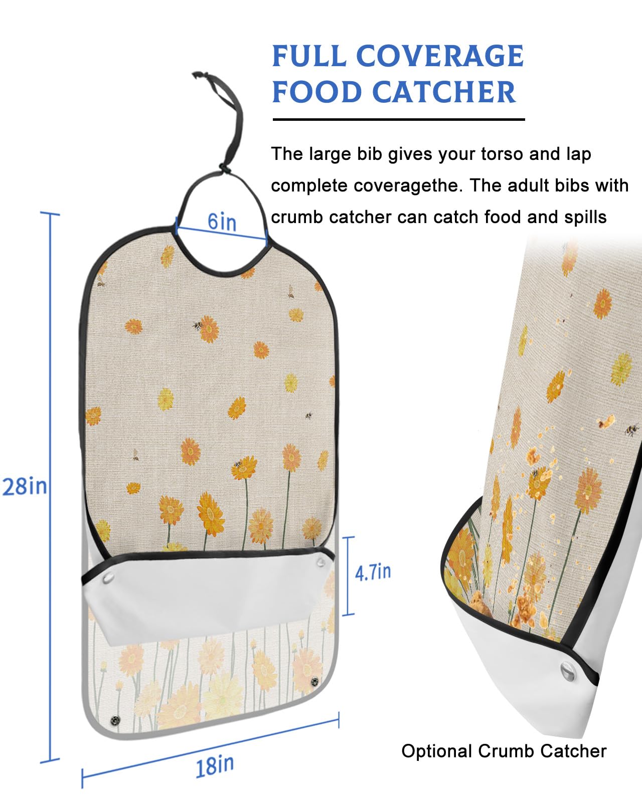 Kewadony Adult Bibs for Elderly Women - Spring Floral Waterproof Dining Clothing Protectors with Crumb Catcher for Eating/Feeding, Orange Summer Flowers Daisy Terry Cloth Bib Machine Washable