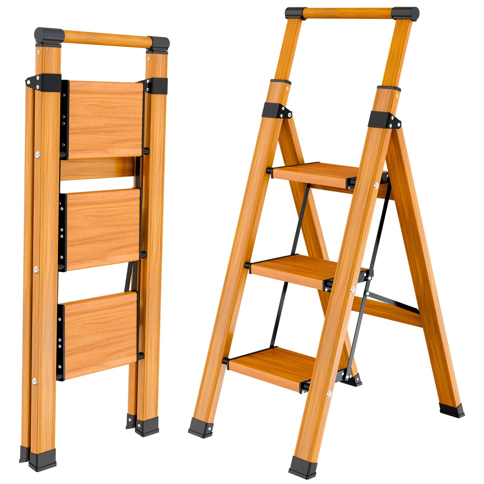 KULACO Escalera Plegable de 3 peldaños con barandilla, Aluminio Antideslizante Extra Ancho, Acabado Madera, Carga máx. 150 kg para Cocina, hogar y Garaje