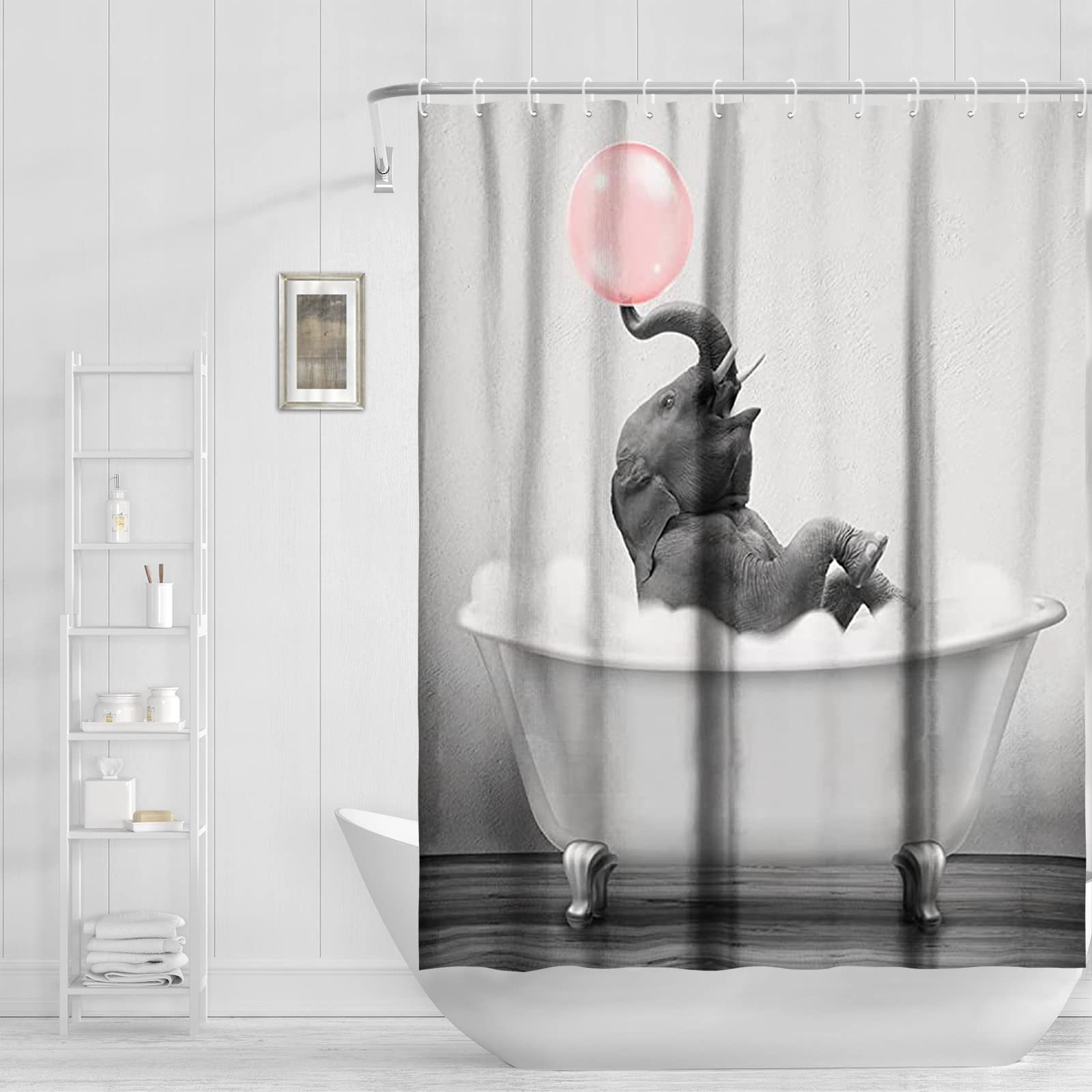 Abaysto Elephant Shower Curtain - Funny Animals Elephant and Bubble on Bathtub Shower Curtains for Bathroom, Shower Curtains Set with Hooks Retro Bathroom Decor