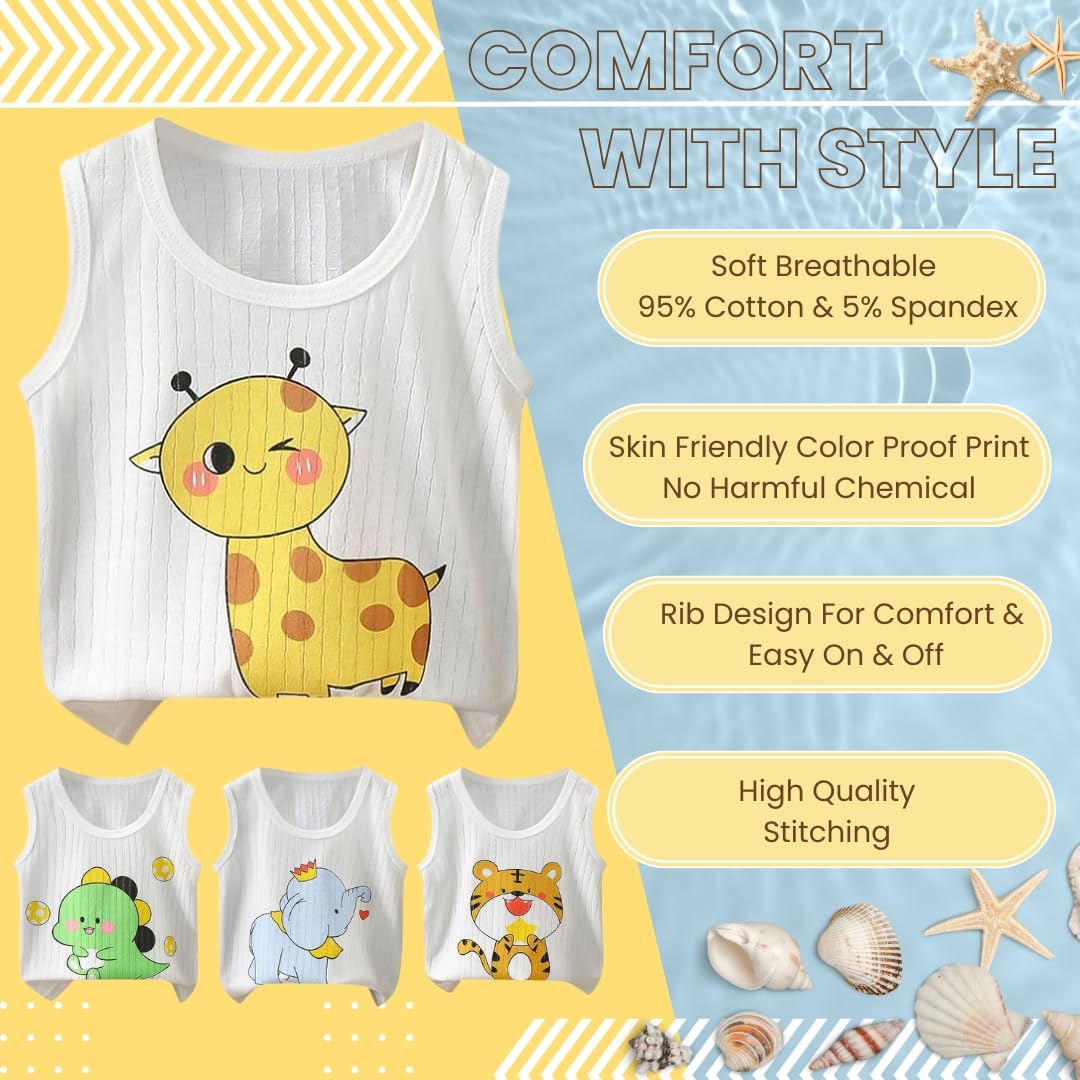 Neska Moda Baby Boys 3 to 6 Months Printed Vest baniyan Cotton Sleeveless T-Shirt for Kids Sando ganji Tank-Tops -Pack of 1 (White,Green)-KV59