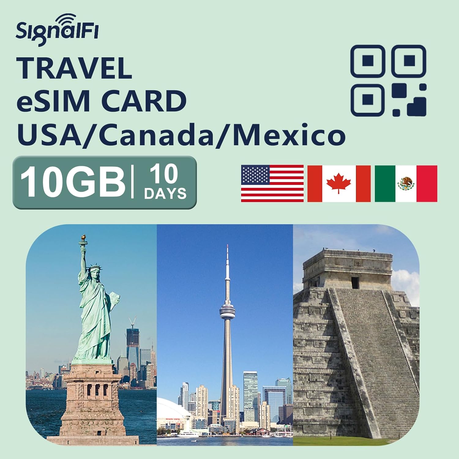 USA Canada Mexico eSIM Card 10GB 10 Days, Prepaid Card 4G High-Speed Data Plan, Travel eSIM for Tri-Country Coverag, Multi-Carrier for Unlocked iOS and Android, Data ONLY, No Voice/SMS