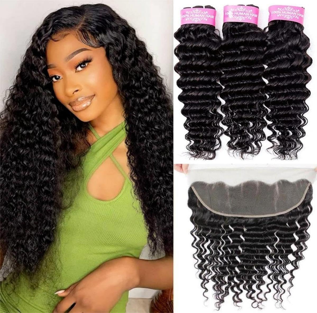 Sexycat Deep Curly Bundles with 13x4 HD Lace Frontal Human Hair 14 16 18+12 Inch 100% Unprocessed Brazilian Virgin Hair Extensions Water Wave Weave Bundles with Lace Frontal