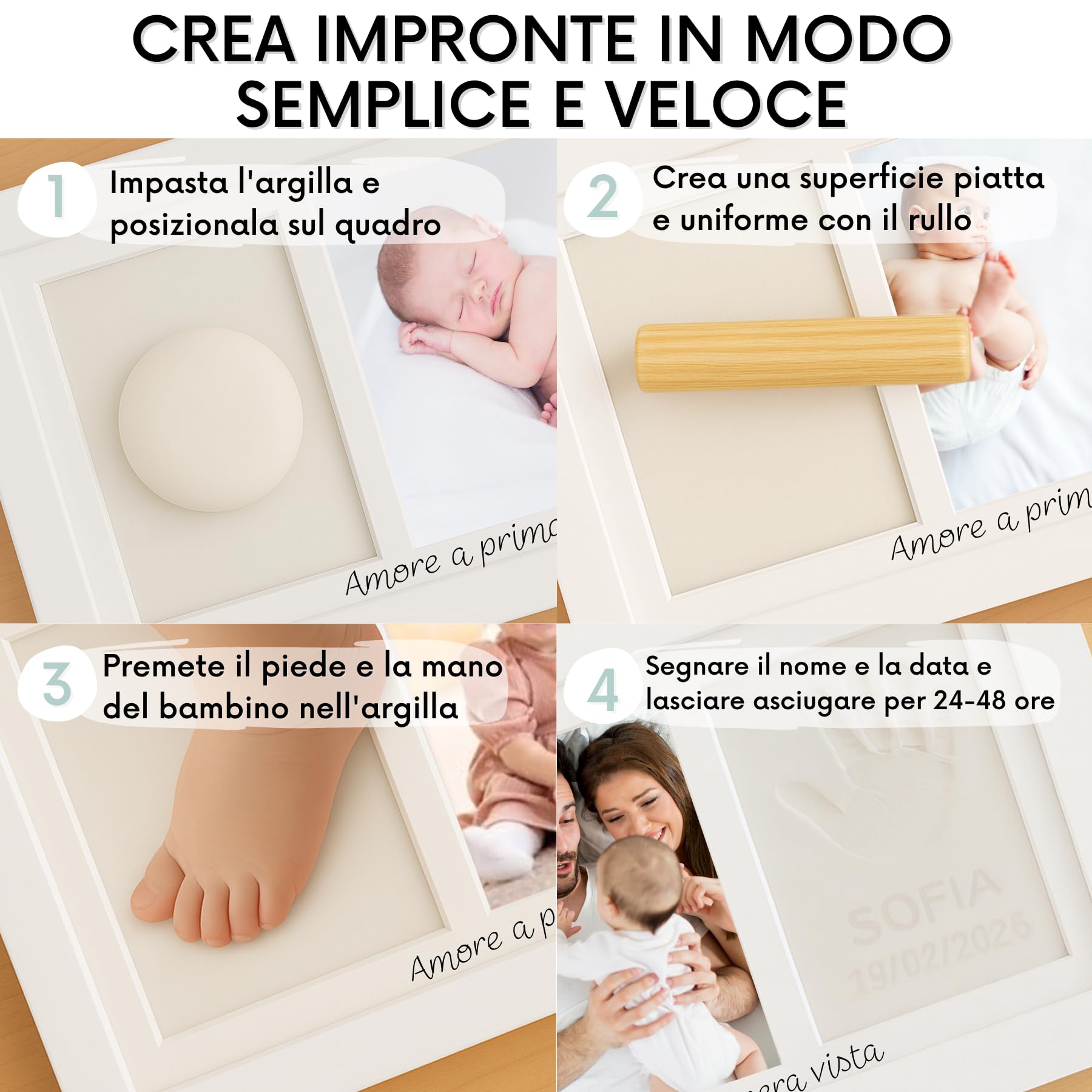 Kit impronte neonato con argilla e cornice per calco mani e piedi, idea regalo nascita o battesimo, ricordo originale bianco